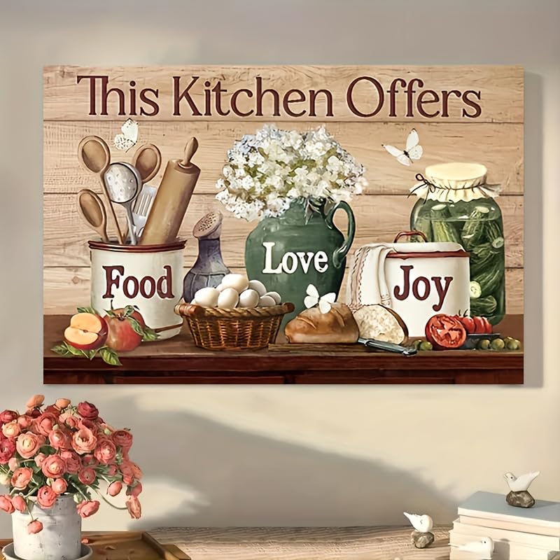 KACHI PENCIL Wooden Framed Kitchen Wall Art Farmhouse Rustic Kitchen Pictures Wall Decor Canvas Print Painting Modern Home Frame