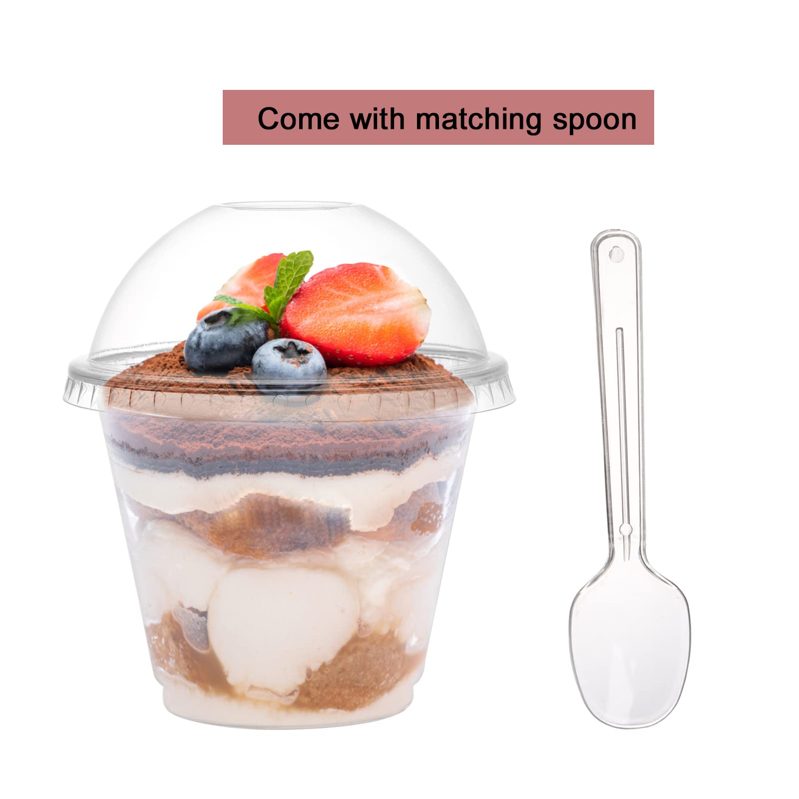Coloch 100 Pack 9 Oz Clear Plastic Dessert Cup With Dome Lid And Spoon, Disposable Pet Crystal Parfait Cup Take-Out Liquid Conta