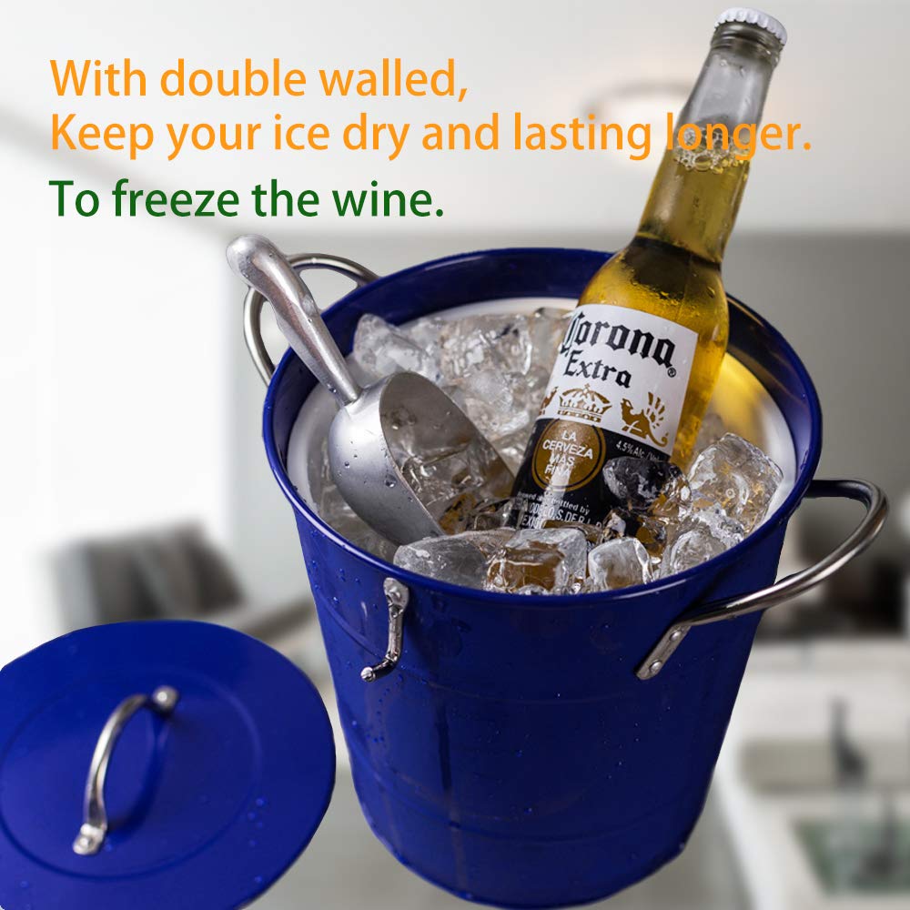 T586 Blue 4L Metal Double Walled Ice Bucket With Lid And Scoop