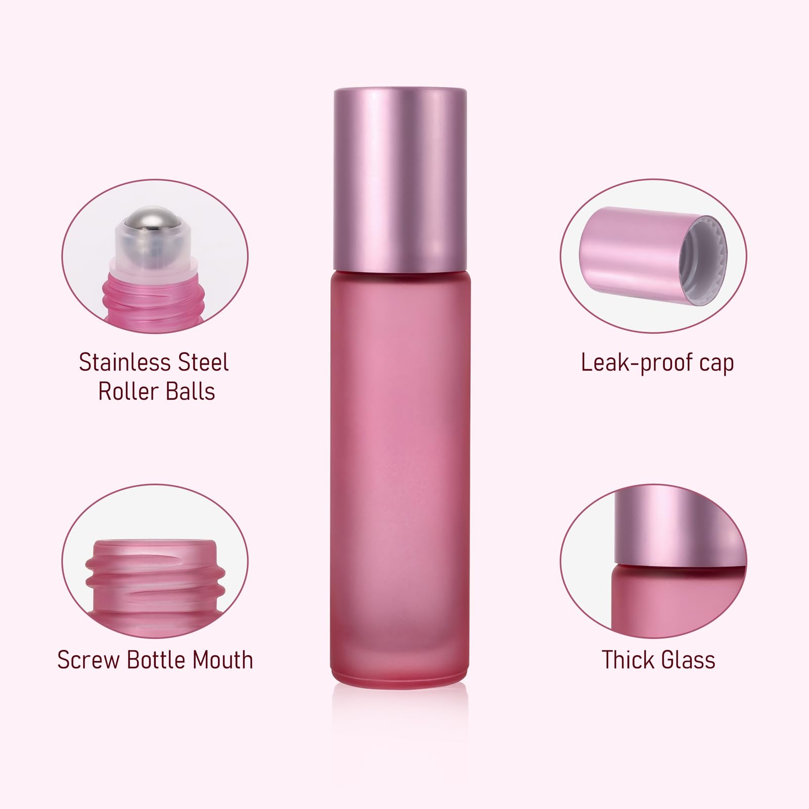 Kesell 10 Pack - 10Ml Refillable Frosted Glass Roller Bottles Vials With Stainless Steel Roller Ball And Aluminum Cap - Pink Col