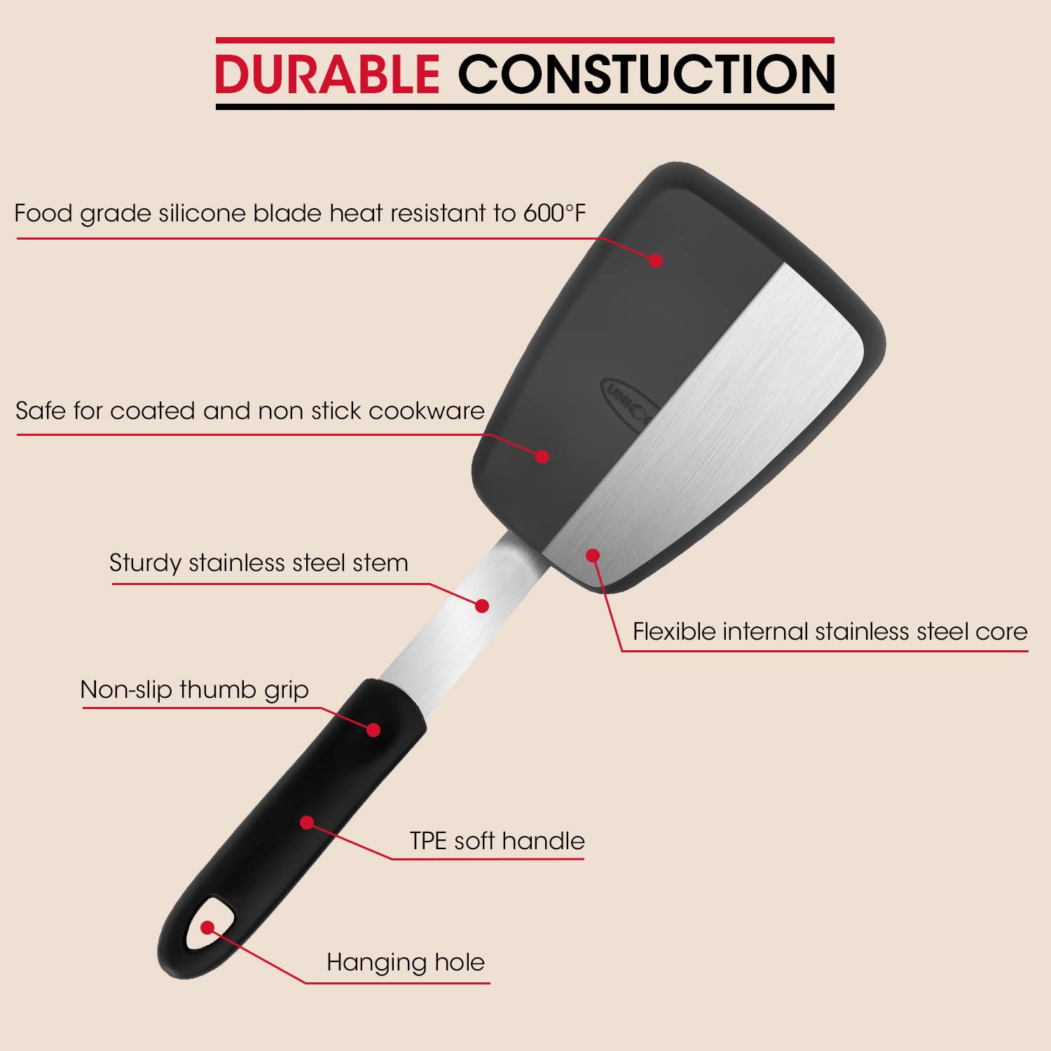 Unicook Flexible Silicone Spatula, Turner, 600F Heat Resistant, Ideal For Flipping Eggs, Burgers, Crepes And More, Small