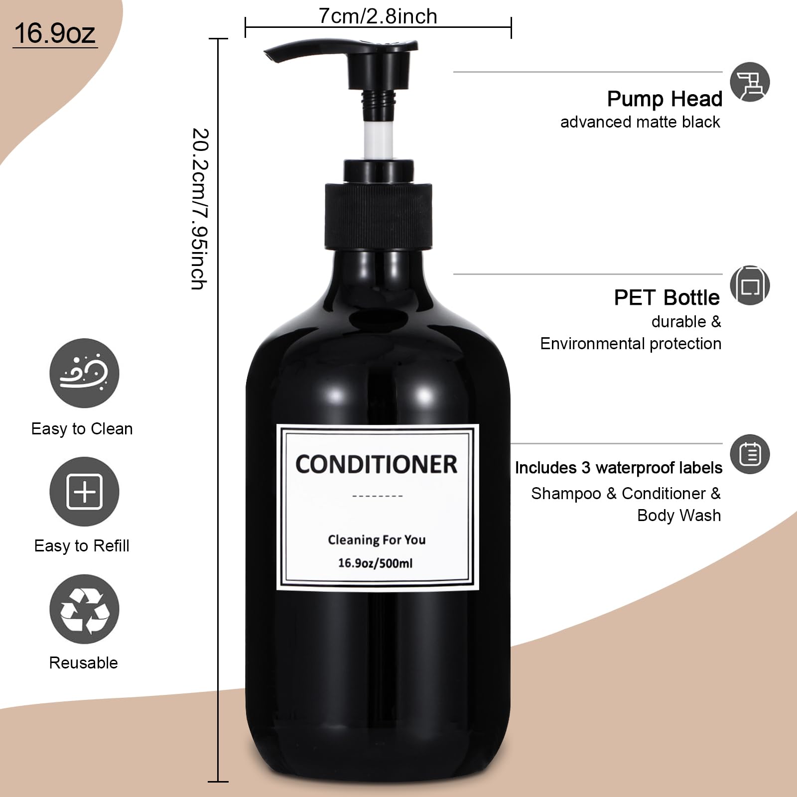 Yeeco 16.9Oz/500Ml Hand Soap Dispenser, Plastic Pump Bottles Dispenser With Waterproof Labels, Shampoo And Conditioner Dispenser