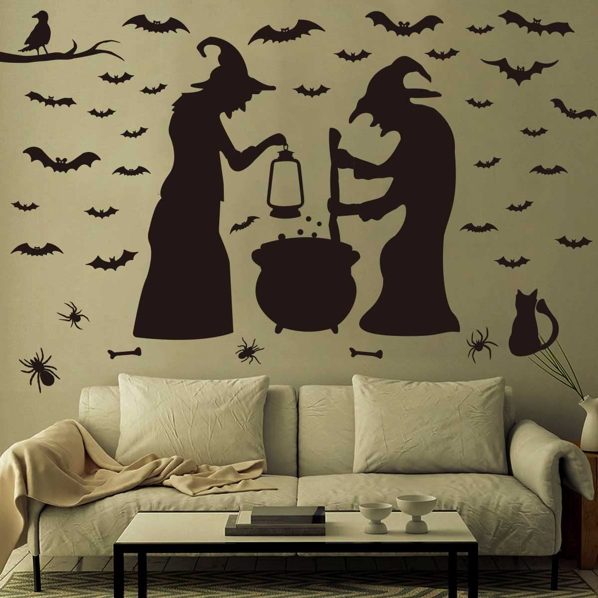 Ivenf Halloween Party Supplies Decorations Wall Decal Window Decor 2 Witches With Bats Spider Mouse & Crow