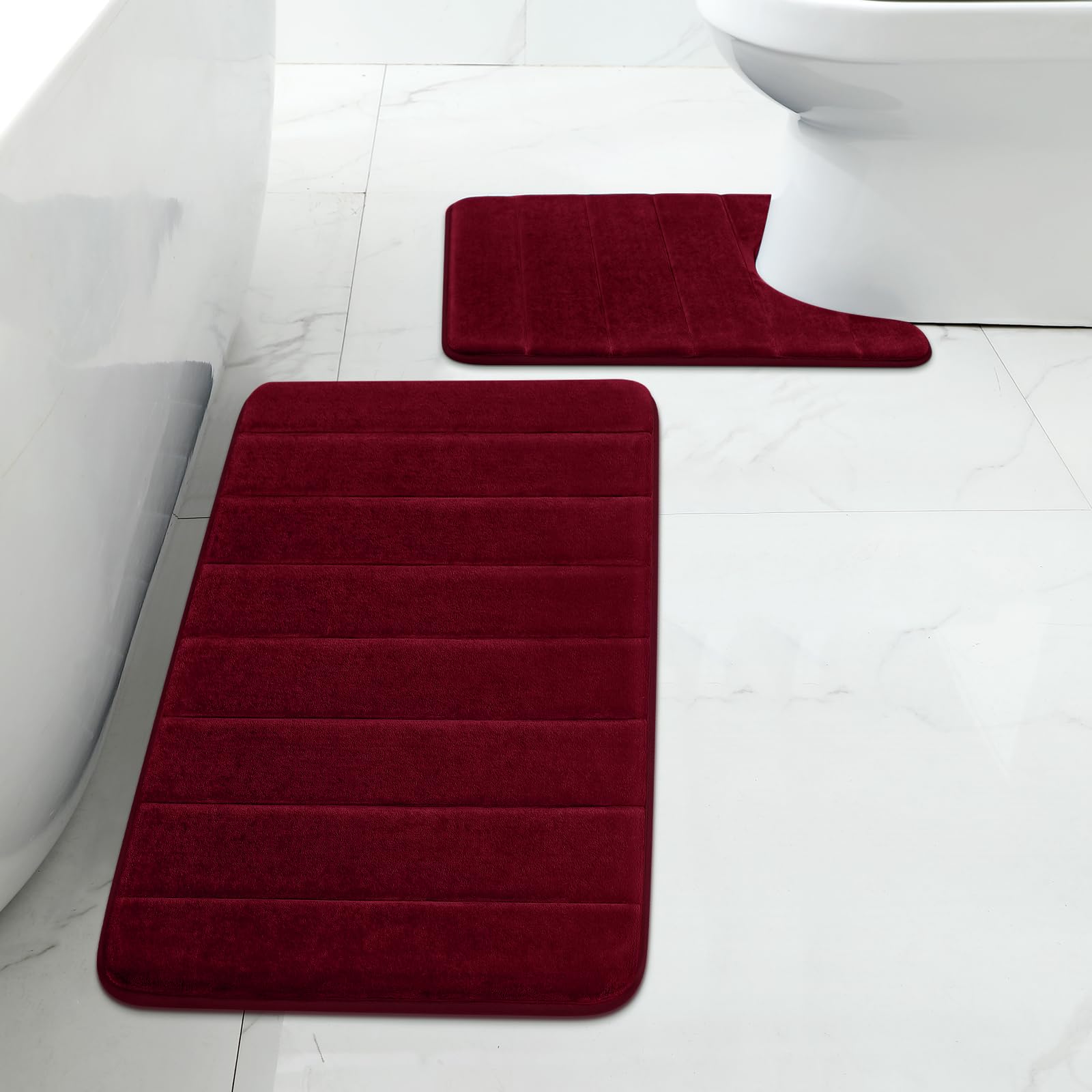 Bysure Bathroom Rugs Sets 2 Piece, Memory Foam Non Slip Extra Soft Absorbent Machine Washable Toilet Bath Mats (Burgundy, 20X32+
