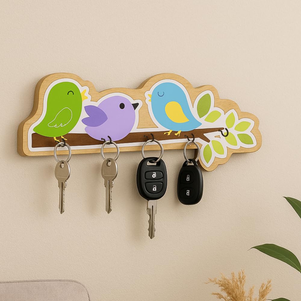 CRAFTPUR Wooden Three Cute Birds Wall Mount Key Hanger for Home Office Decorative Wall Mounted Stylish Key Hanger for Home Dcor 