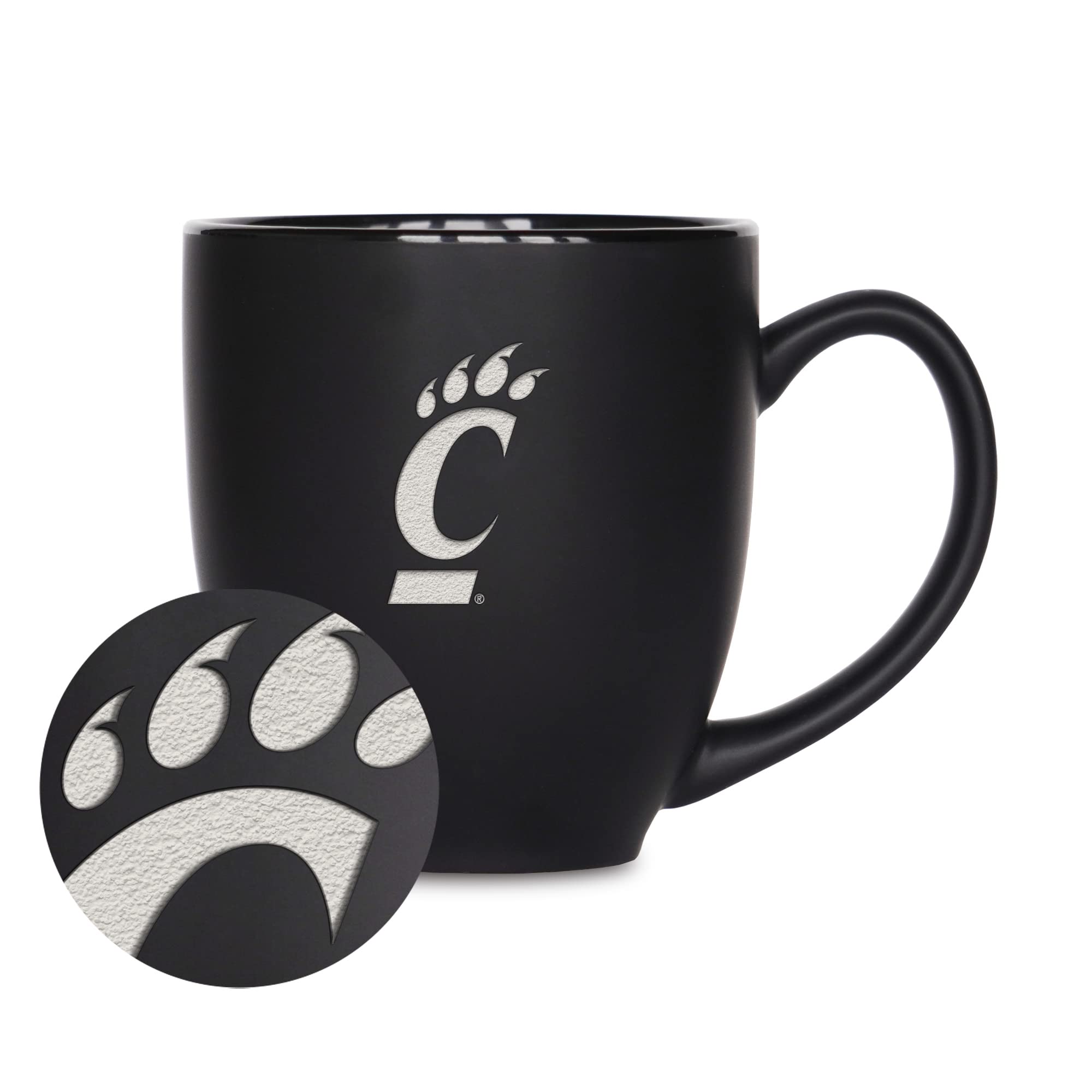 Rico Industries NCAA Cincinnati Bearcats Main 15oz Laser Engraved Matte Black Ceramic Bistro Mug - For Hot or Cold Drinks