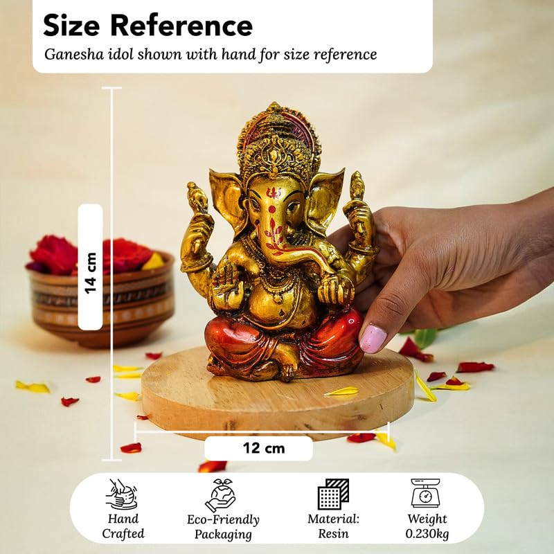 Ekhasa Aura Series Antique Gold Painted Ganesha Idol (5 Inch) | Marble Dust Ganesh Murti For Pooja Room, Home Decor, Office Desk