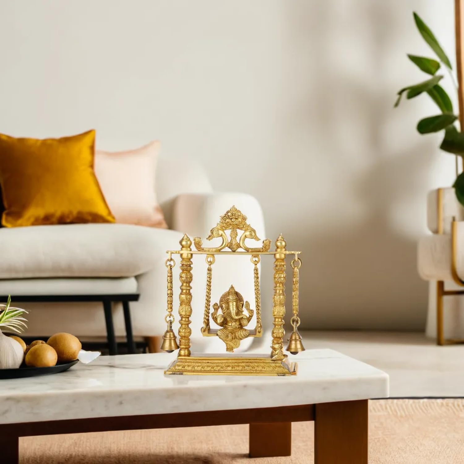 Kartique Brass Ganesh Jhula Idol on Swing - 10 Height, Antique Finish, Ideal for Home Decor, Puja, and Gifting