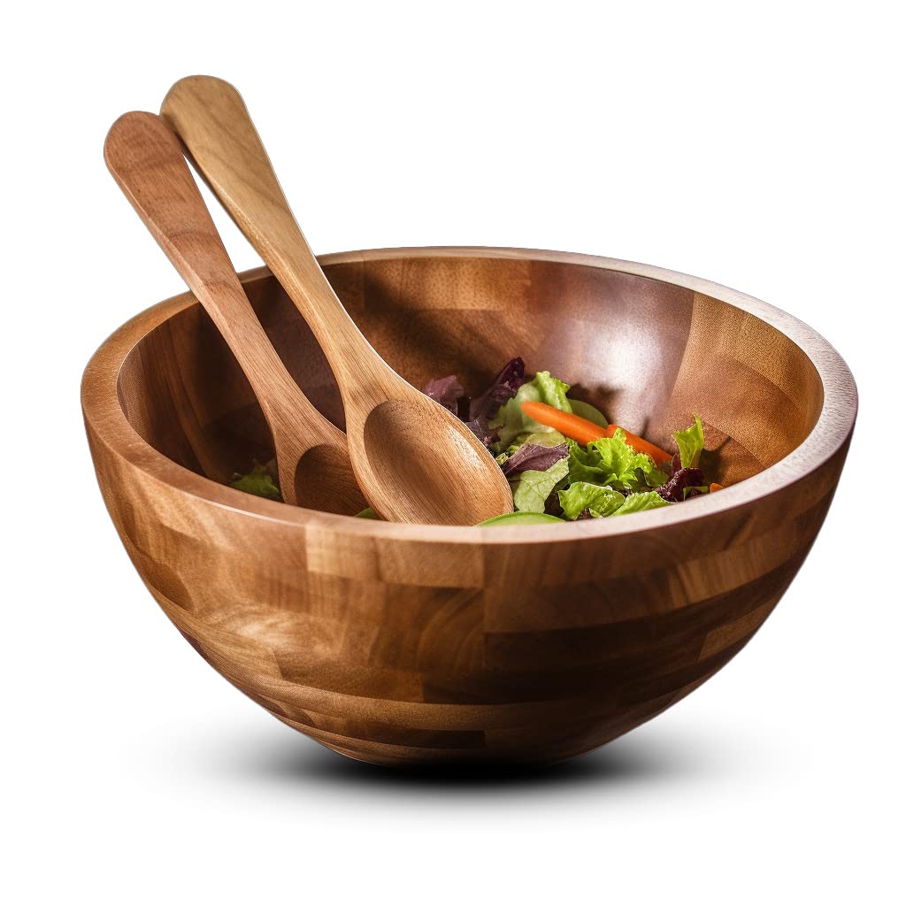 Palm Naki Premium Acacia Wood Salad Bowl And Servers Set - 3 Piece, Sustainable & Durable - Available In Two Sizes - Elegant And