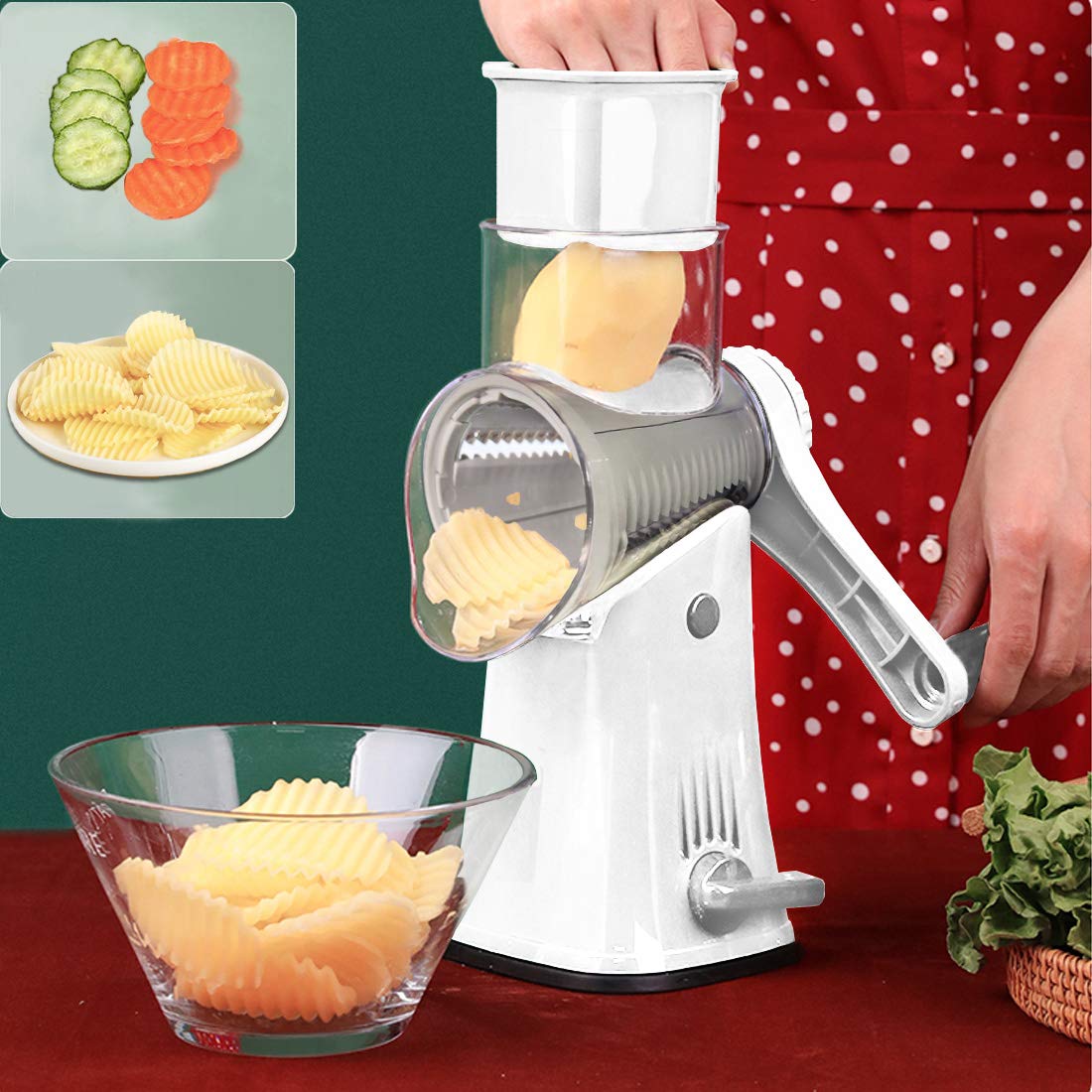 Rotary Cheese Grater Shredder 5-In-1 Tumbling Box Mandoline Vegetable Julienne Slicer Waffle Cutter Nut Chopper With Handle And
