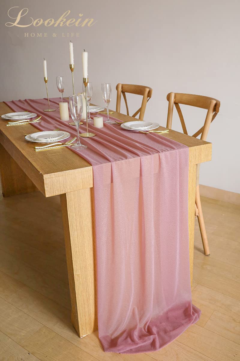 Lookein 10 Feet Mauve Chiffon Table Runner Sheer Wedding Table Cloth 29X120 Inches Rustic Wedding Decorations French Chiffon Tab
