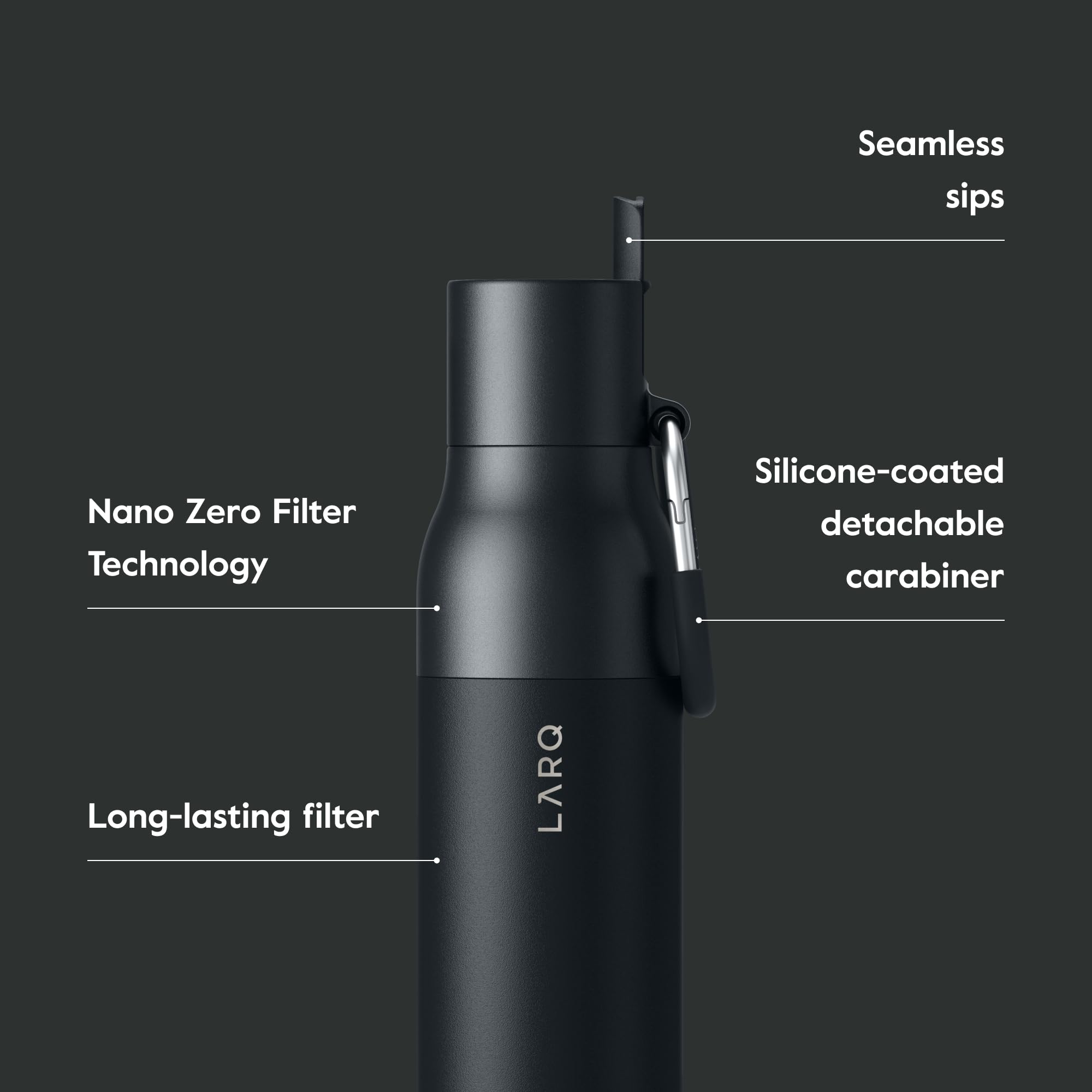 LARQ Bottle Filtered - Insulated Stainless Steel Water Bottle BPA Free with Nano Zero Technology and Long-Lasting Filters  Obsidian Black  17oz