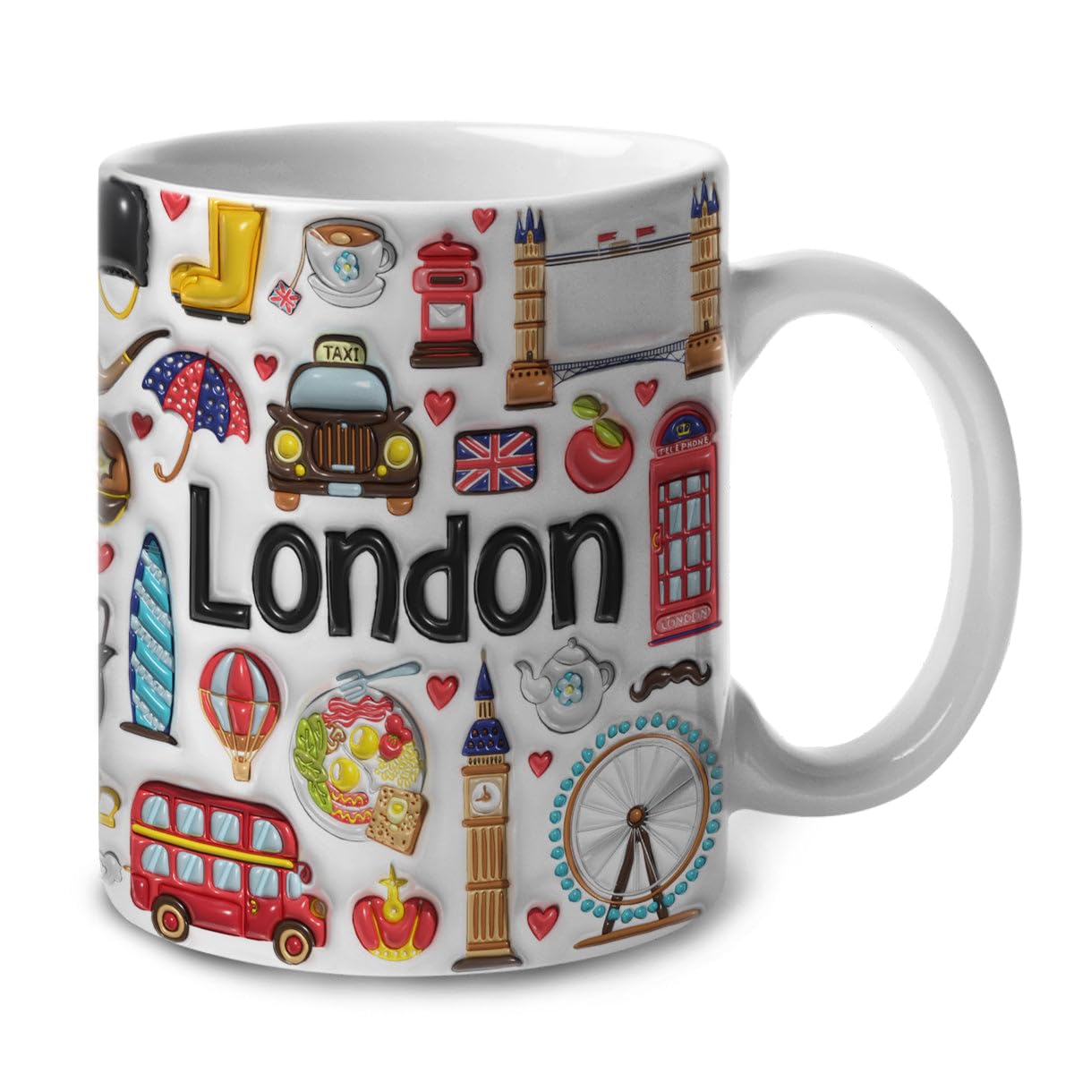 Lotacy London Symbols Colorful 2D Printed Coffee Mug With Flag, 11oz, London Souvenirs and Gifts