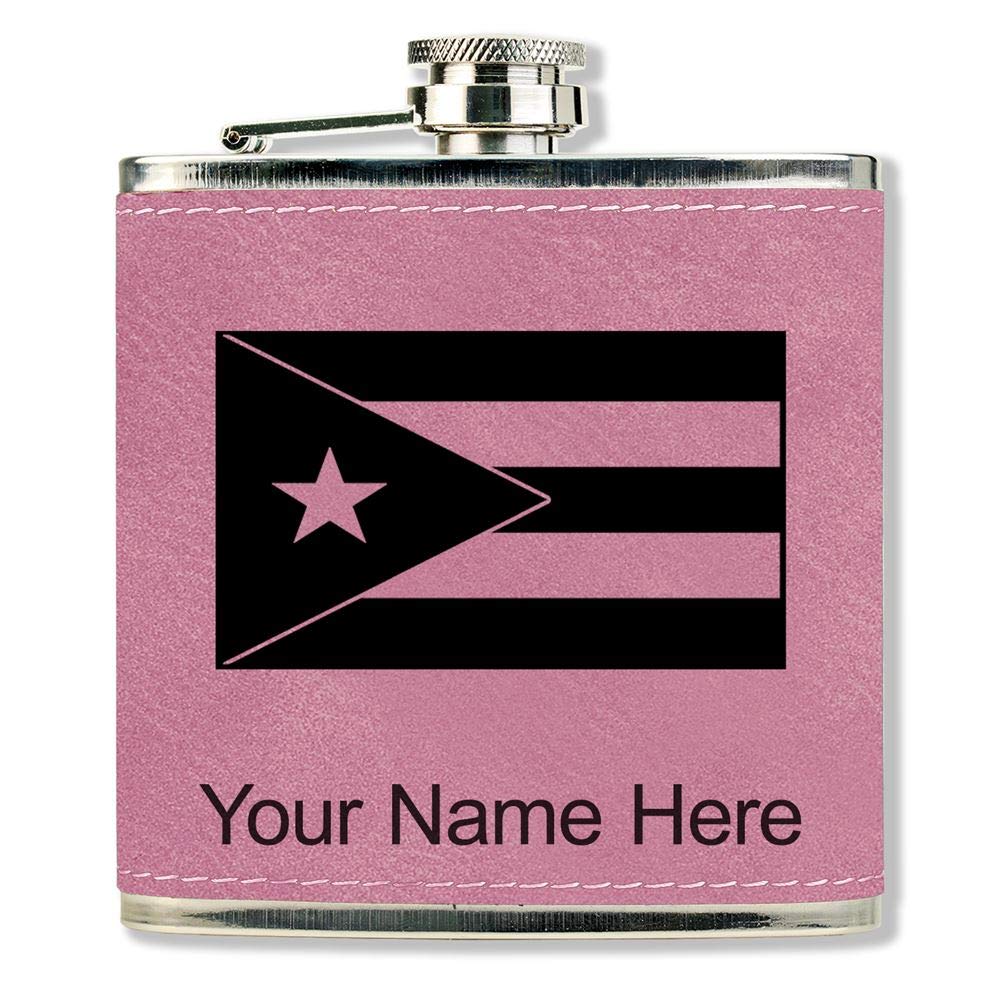 Faux Leather Flask, Flag of Puerto Rico, Personalized Engraving Included (Pink)
