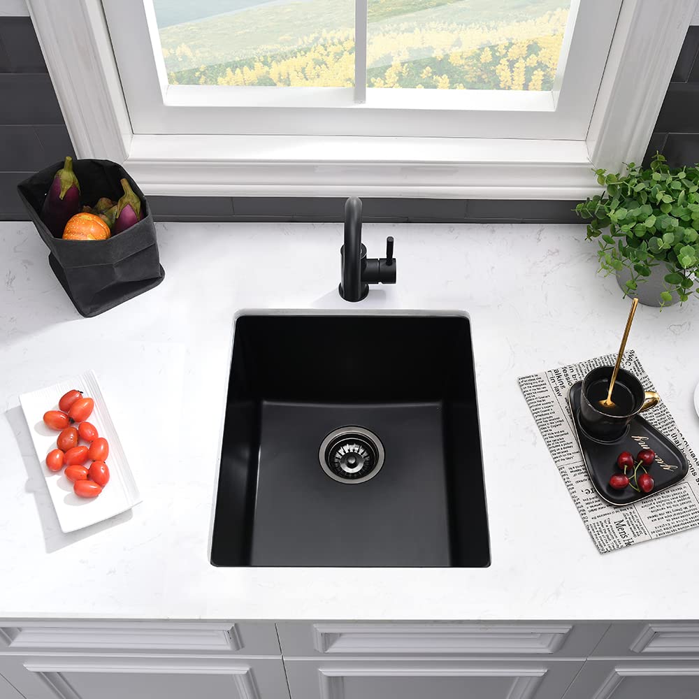15 Inch Black Bar Sink Undermount Kitchen Sink- Vasoyo 15''X17'' Black Undermount Wet Bar Prep Kitchen Sink Dual Mount Granite U
