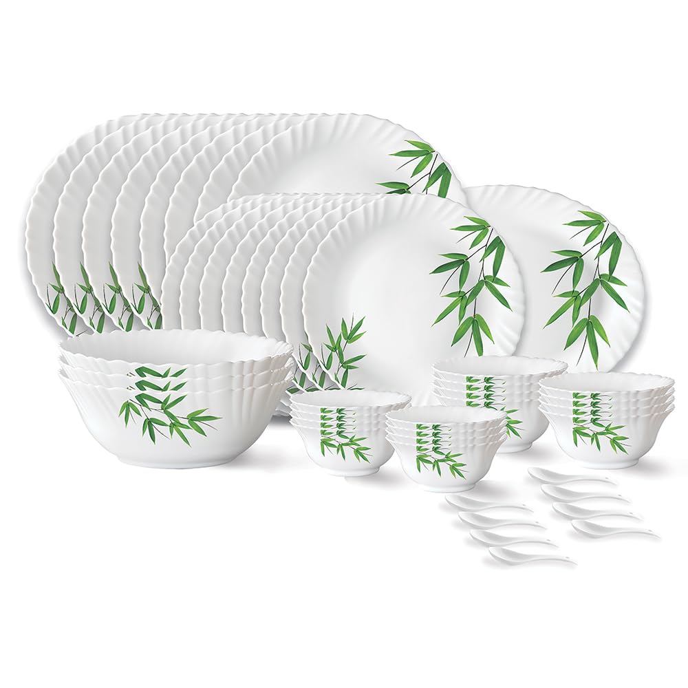 Larah By Borosil Bamboo Leaves Fluted Series Opalware Dinner Set | 44 Pieces For Family Of 8 | Microwave & Dishwasher Safe | Bon