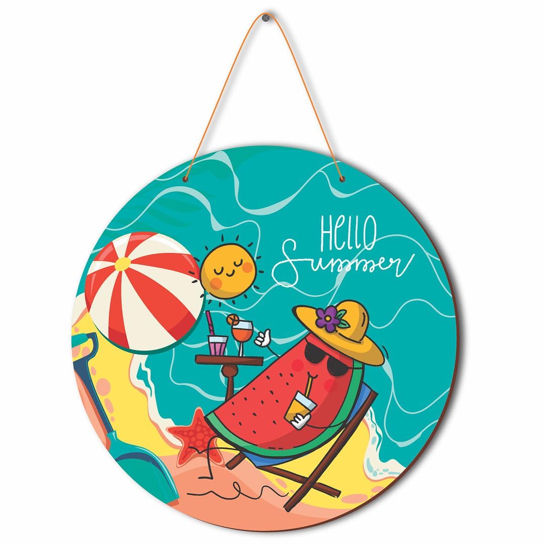 CVANU Hello Summer & Beach Side Round Shaped Wooden Wall Hanging for Wall Decoration (12inchX12inch)_W280