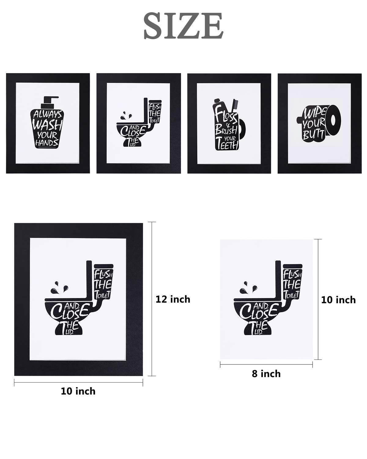 Bathroom Decor Wall Art Prints With Paper Frames;Funny Bathroom Wall Signs Wash Brush Floss Flush Black And White Bathroom Canva
