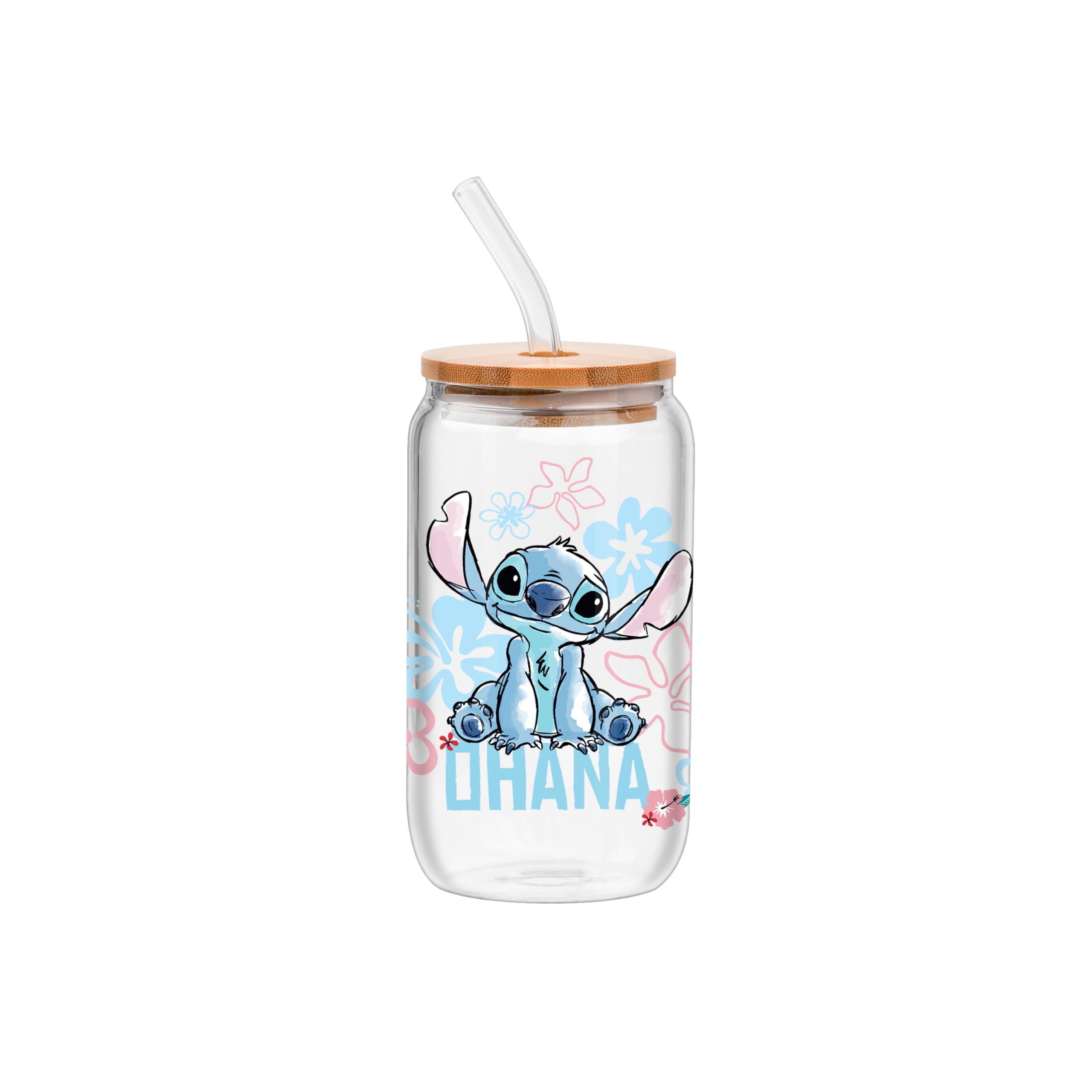 Silver Buffalo Disney Lilo And Stitch Ohana Glass Tumbler With Bamboo Lid And Reusable Glass Straw Featuring Stitch Sitting, 16