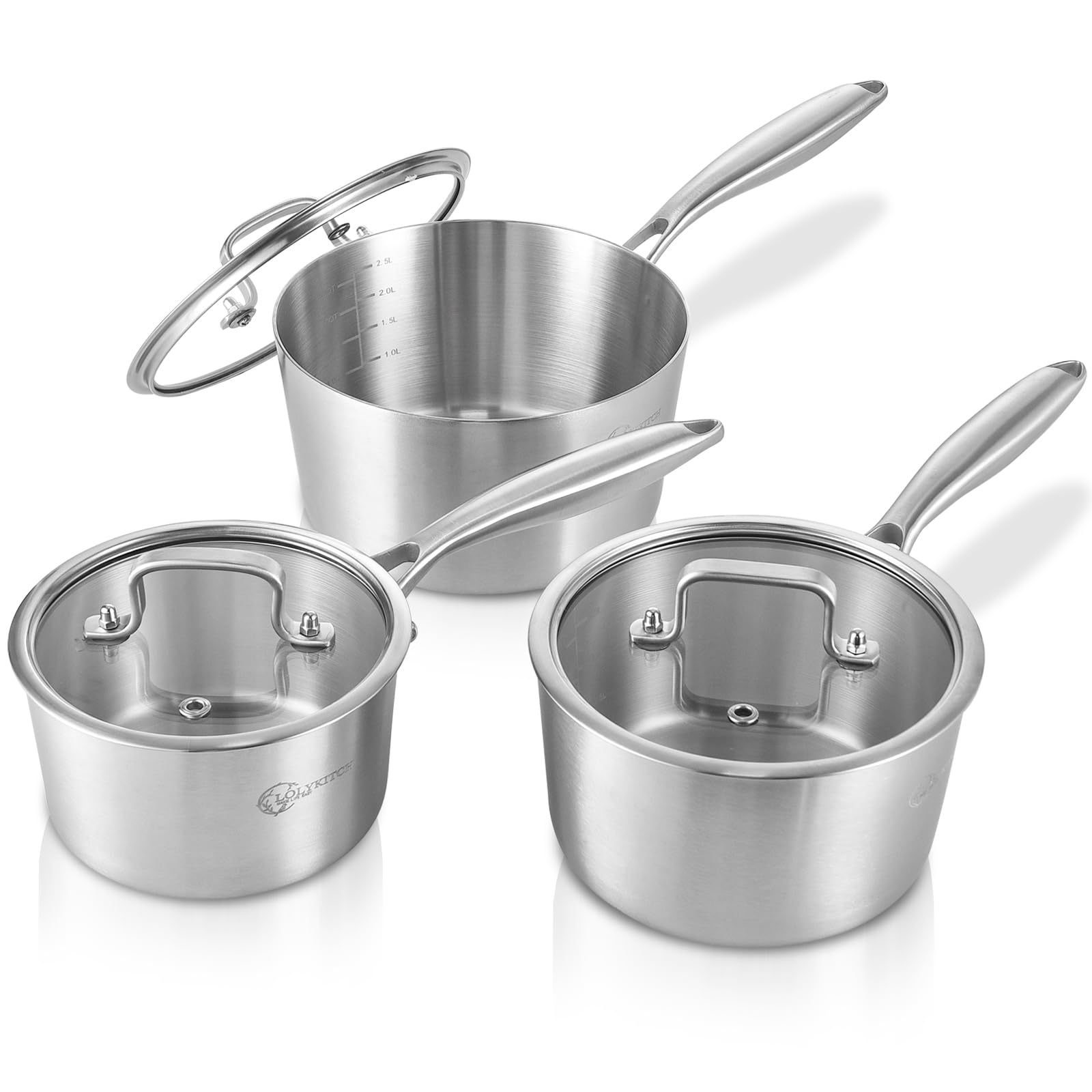 Lolykitch 1.5-2.5-3.0 Qt, Tri-Ply Stainless Steel Saucepan Set Of 3,Induction Cooking Pots,Sauce Pots With Lids,Pots And Pans Se