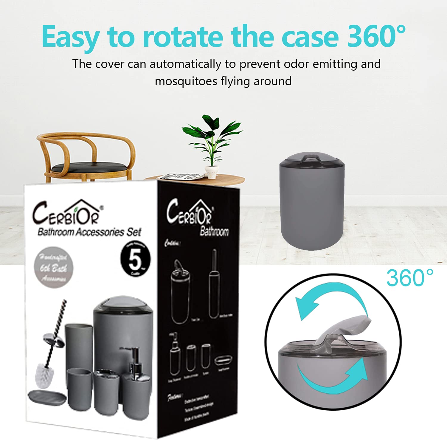 CERBIOR Bathroom Accessories Set Bath Ensemble Includes Soap Dispenser  Toothbrush Holder  Tumbler  Soap Dish for Decorative Countertop and Housewarming Gift Grey