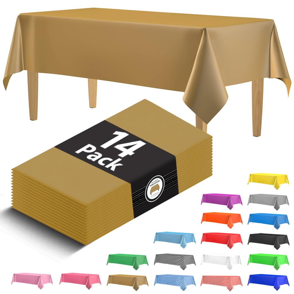 14 Pack Premium Gold Plastic Tablecloth - 54 X 108 In. Disposable Rectangle Plastic Table Cloth - Decorative Rectangle Table Cov