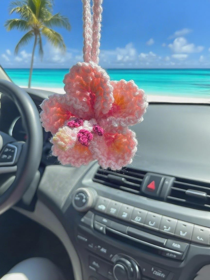 Hibiscus Flower Car Hanging Ornament,Crochet Hawaiian Tropical Flowers Bag Charms Decor Car Rear View Mirror Beach Accessories (