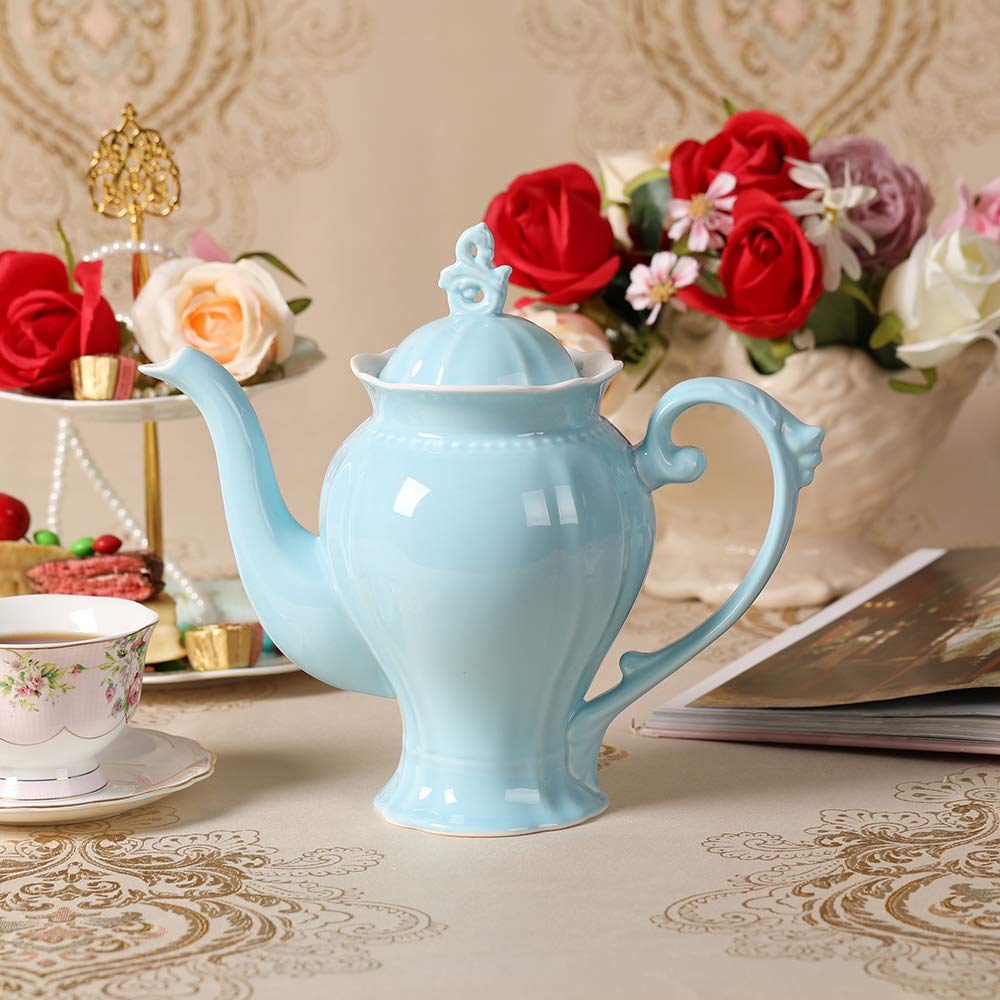 Fine Porcelain Ultra White English Teapot, Coffee Pot, Victoria Style, Light Weight, 37 Oz