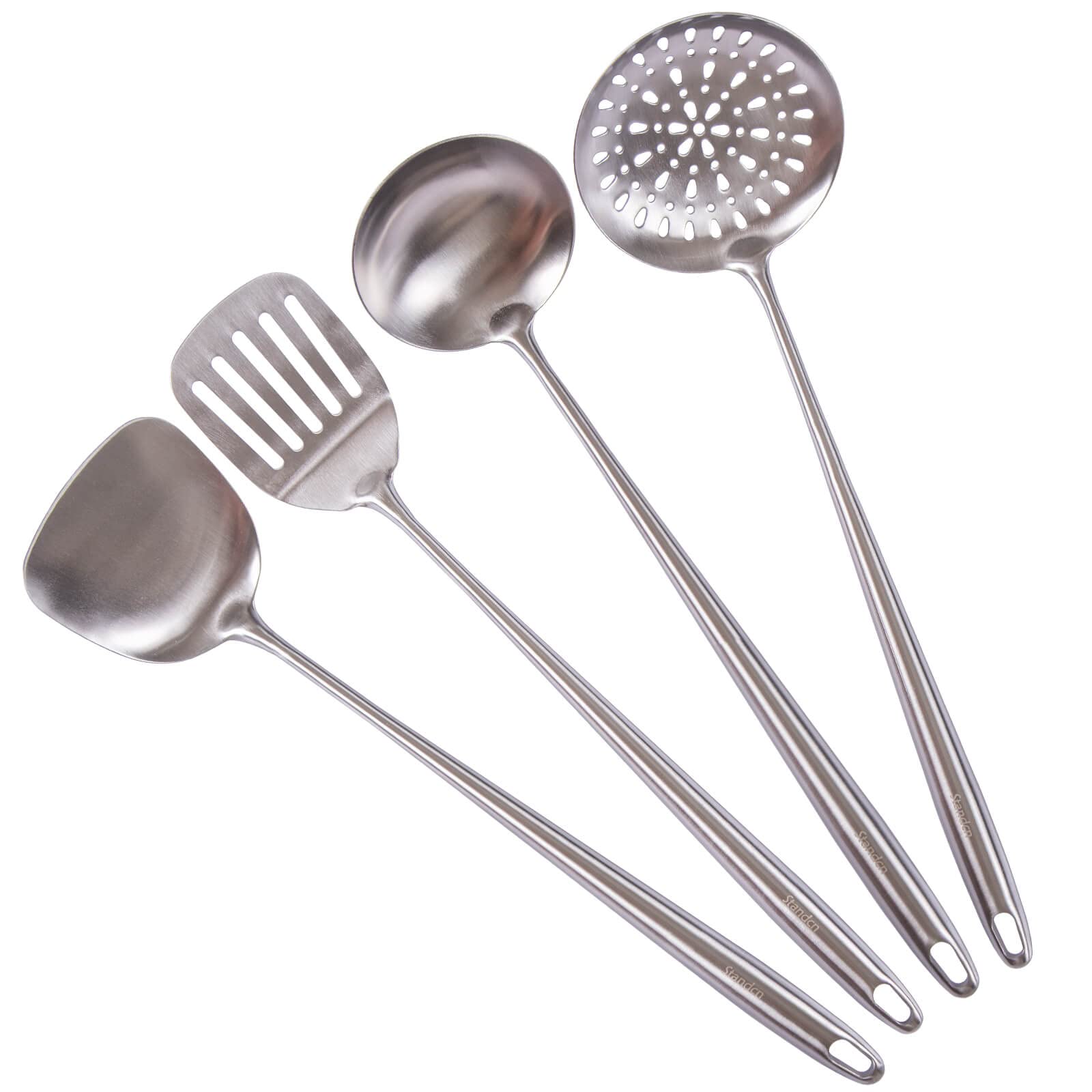 17Inch Wok Spatula And Ladle, Skimmer Spoon, Slotted Spatula - 304 Stainless Steel Kitchen Utensils Set, 4-Pieces All Metal Extr