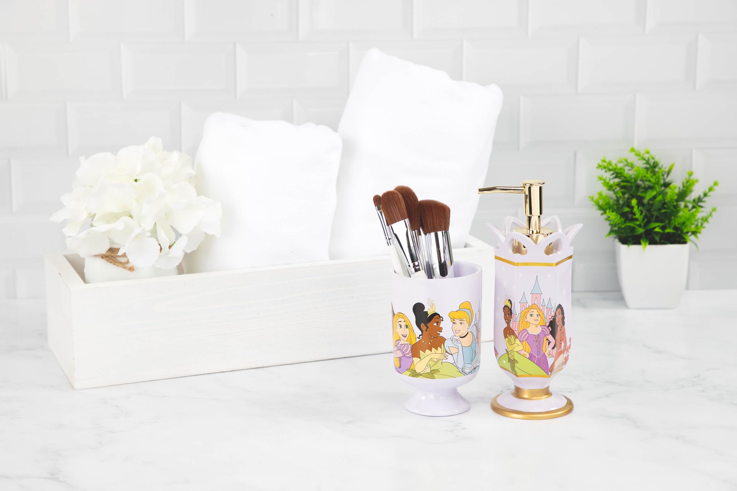 Disney Princess 2 Piece Bathroom Set - Purple Soap Dispenser & Tumbler Set - Kids Resin Bathroom Accessories Features Moana  Cinderella & Rapunzel