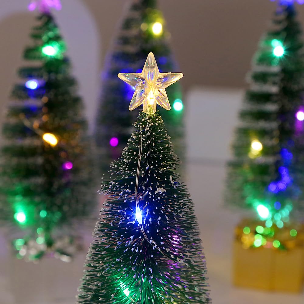 Sliver Gift Base Mini Artificial Christmas Tree with Colorful LED String Lights and Star, Tabletop Small Xmas Tree for DIY Holid