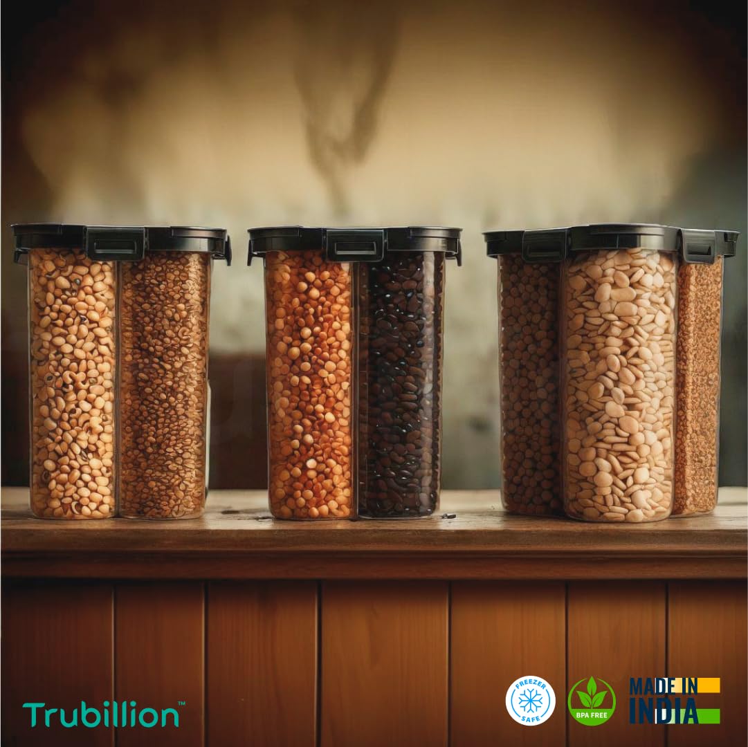 Trubillion Splitbox 4-Section Kitchen Food Storage Container,2000Ml Bpa-Free Transparent,Black Lid,Removable Divider,Freezer Saf