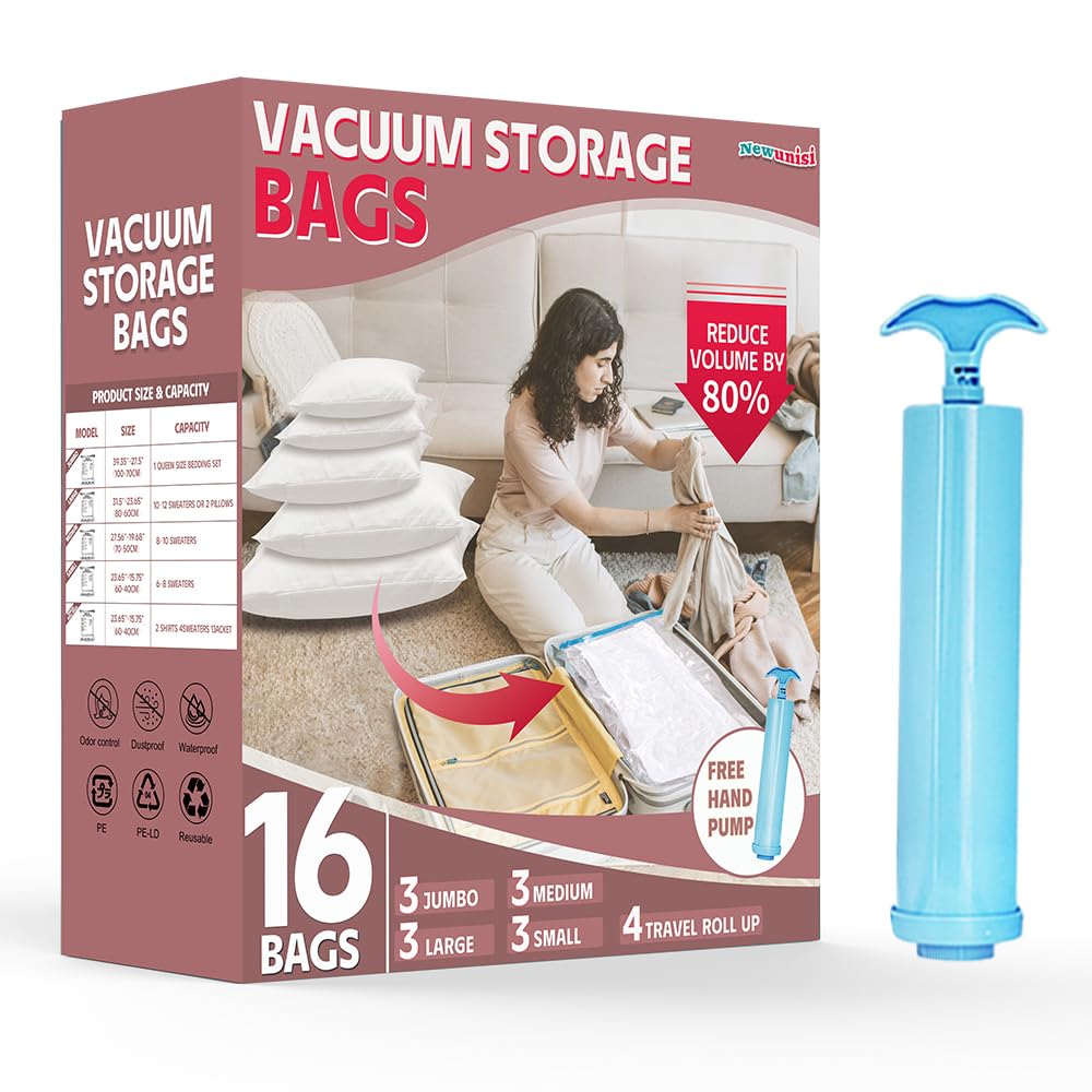 16 Pack Vacuum Storage Bags, Vacuum Seal Bags For Clothing, Comforters, Blankets, Space Saver Compression Bags With Hand Pump.(3