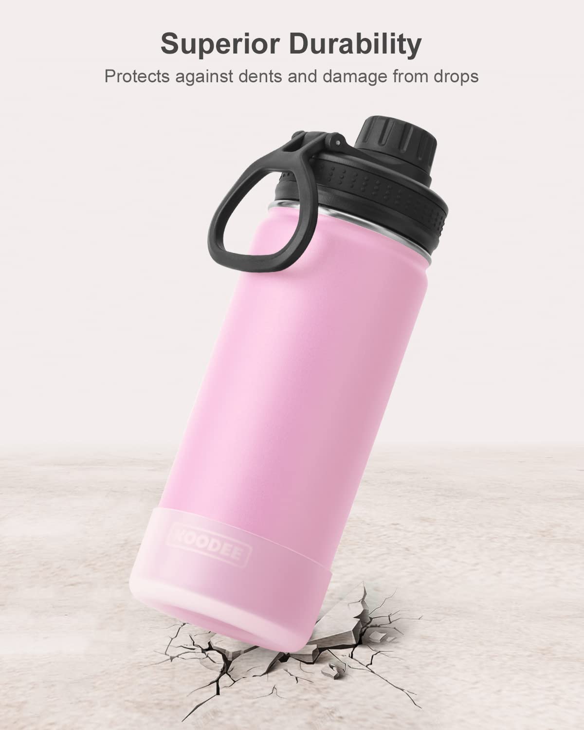 koodee Kids Water Bottle - 16 oz Stainless Steel, Triple Wall, Vacuum Insulated, Leakproof Spout Lid - Pink