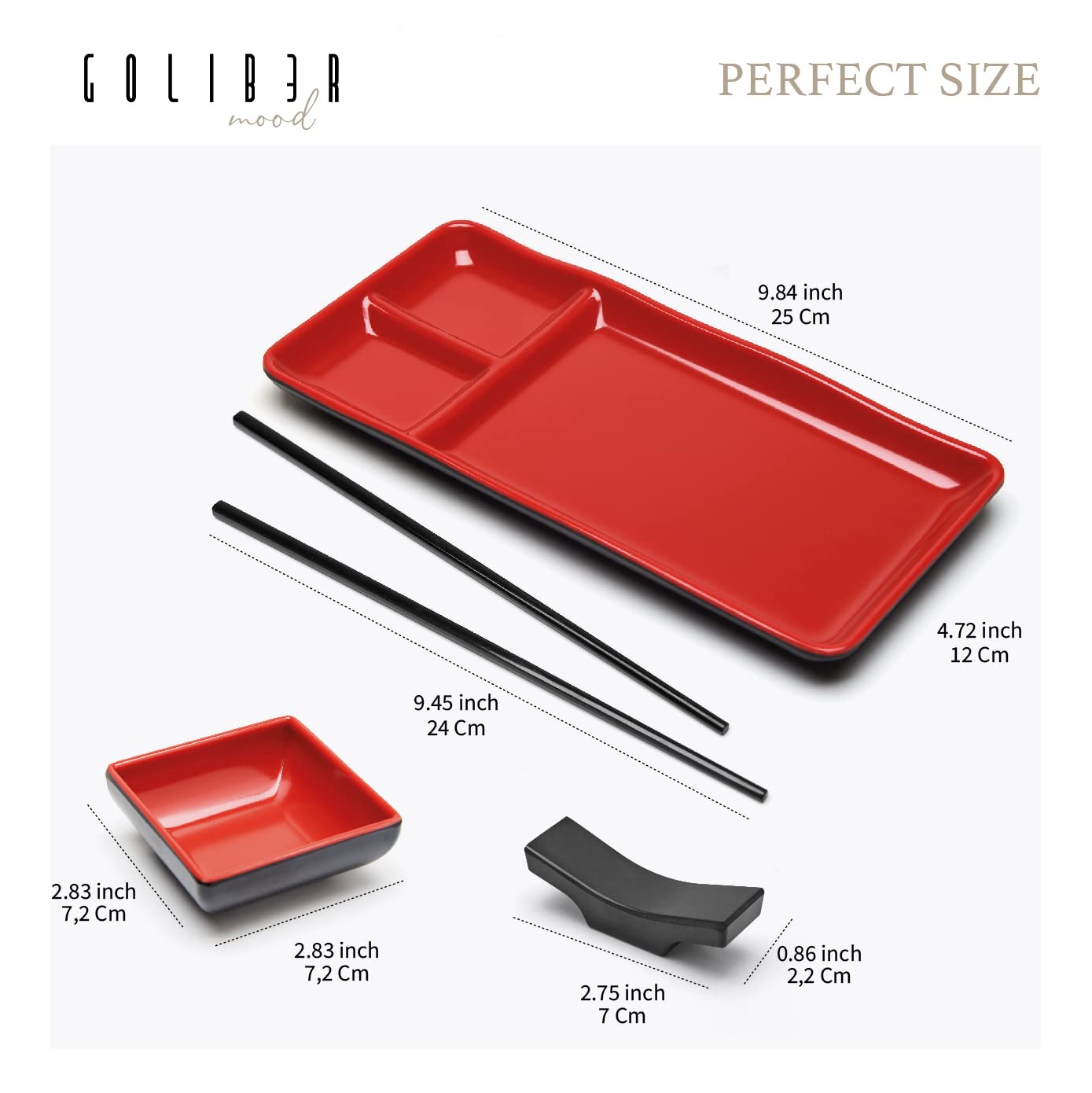 Goliber 8 Piece Japanese Style Sushi Plate Dinnerware Set - Includes 2 Sushi Plates, 2 Sauce Dishes, 2 Pairs Of Chopsticks, 2 Ch