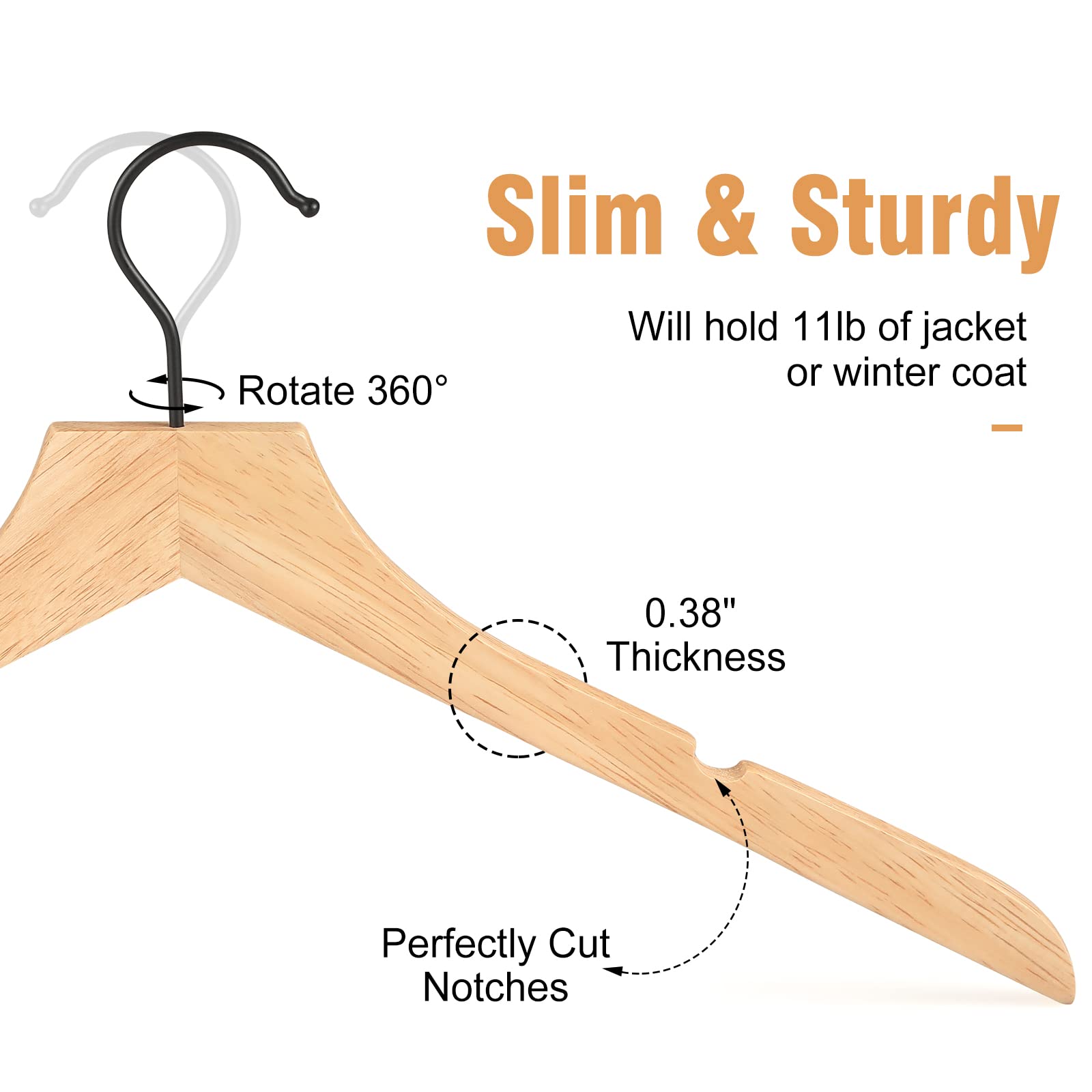 Topia Hanger Wooden Hangers 20 Pack, Rubber Wood Clothes Hangers With Rotatable Black Hook And Smooth Cut Nothces, Space Saving