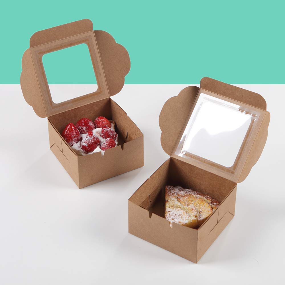 Bubbley Kraft Paper Bakery Boxes - 25-Pack Single Pastry Box 4-Inch, Packaging With Clear Display Window, Donut, Mini Cake, Pie