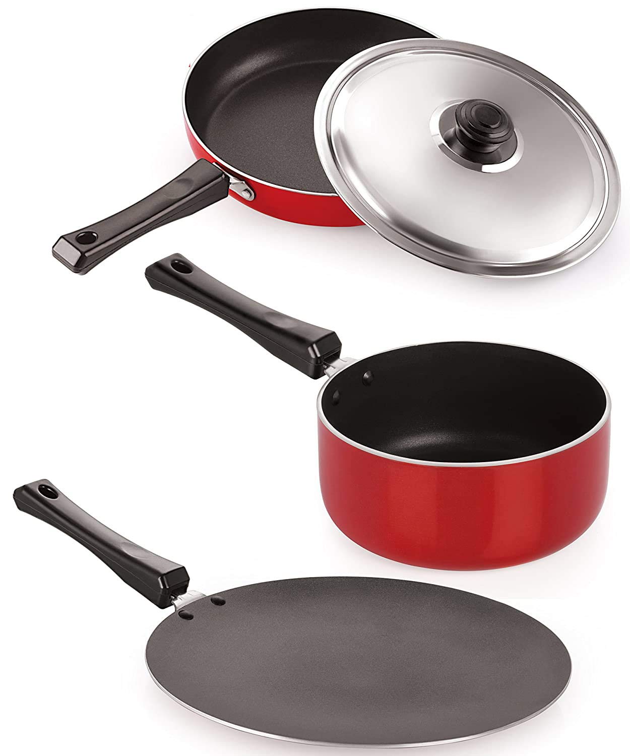 3 Piece Nirlon NonStick Cookware Pots & Pan Kitchen Set (Concave Tawa 28.5 Cm, Fry Pan With Steel Lid 2 Ltr, Sauce Pan  Big 1.