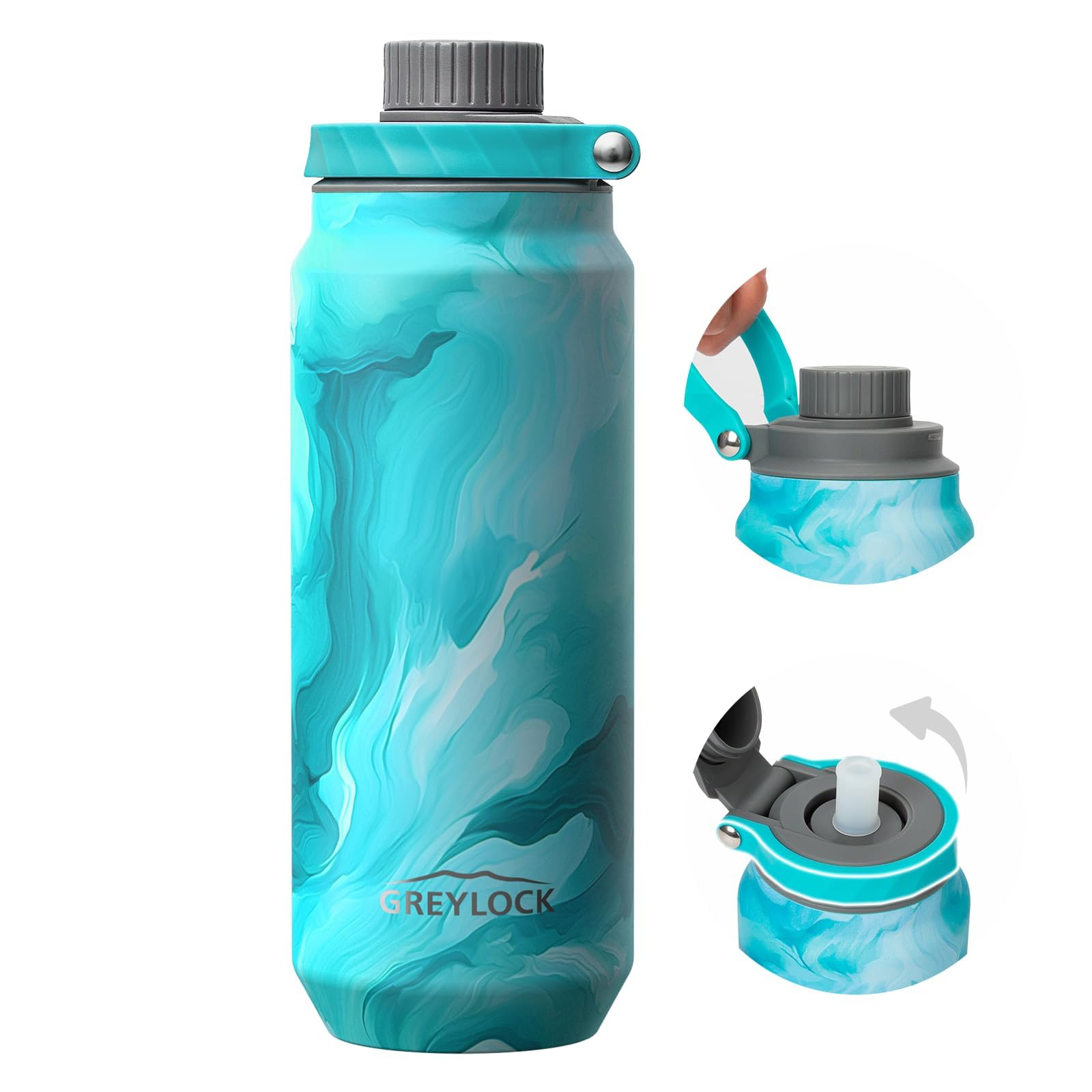 GREYLOCK 40 oz Insulated Water Bottle with Straw Lid, Leakproof Reusable Stainless Steel Vacuum Flask, 24hr Cold & Hot, Carry Ha