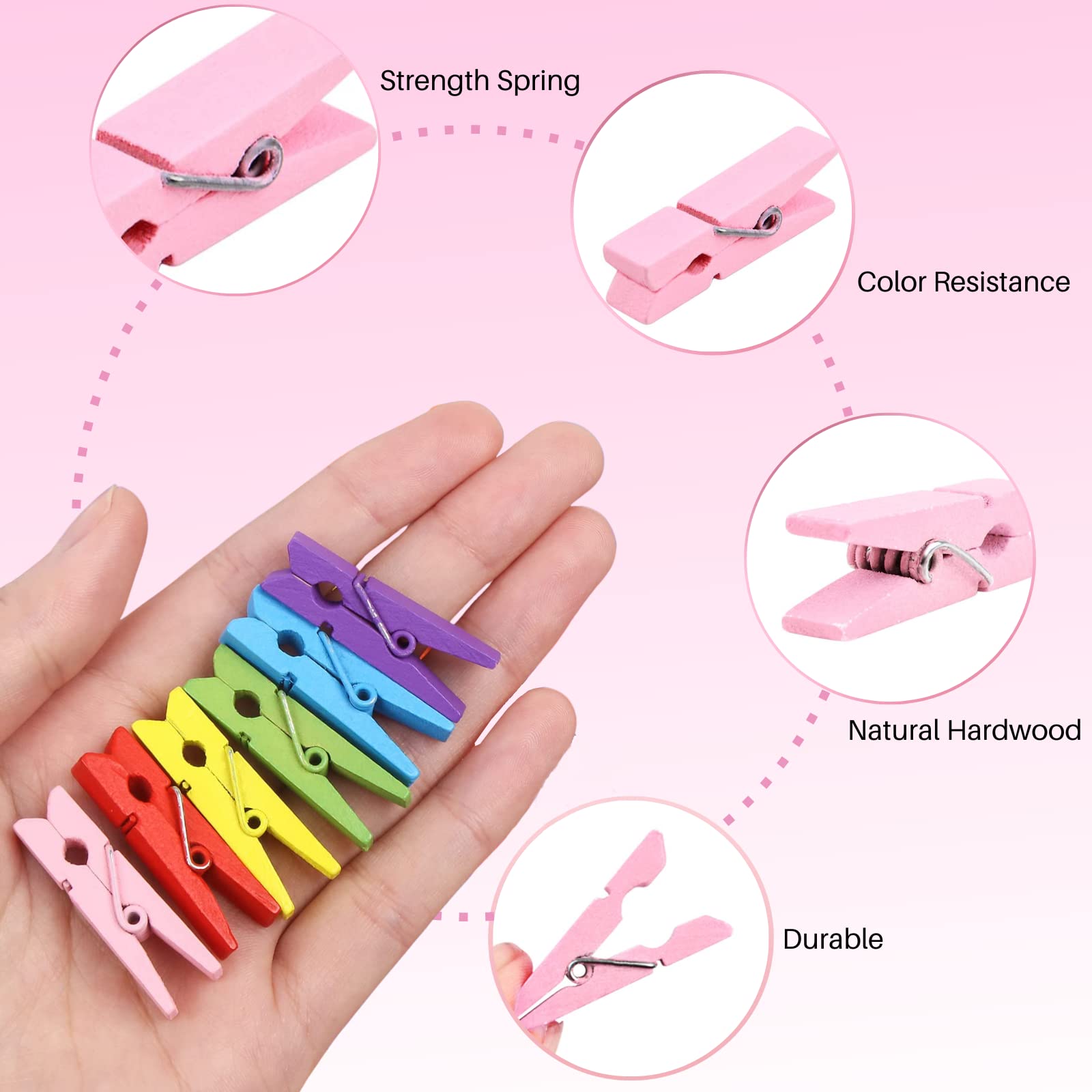 Clothes Pins  Small Clothes Pins for Photos  1.4 ' ' 100 PCS Natural Birchwood Mini Clothes Pins  Strong Springs Colorful clothespins with Storage Bag Mini Clothespins for Photos  Crafts  Pictures  Arts