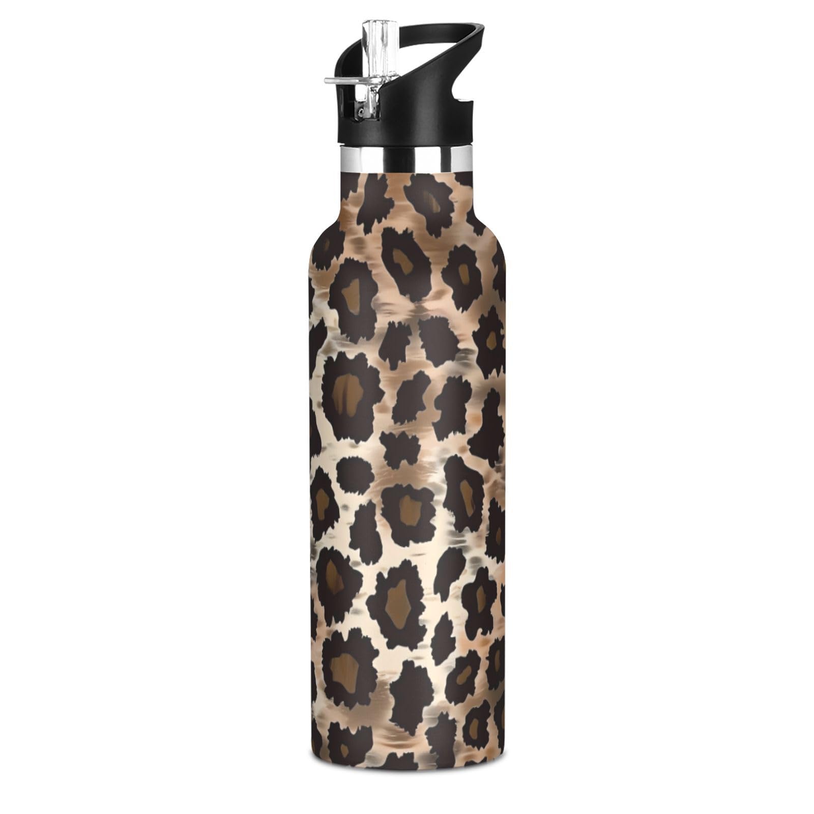 Leopard Print Fashion Brown Leakproof and BPA Free Reusable Water Bottle 20 Oz with Straw Keeps Hot and Cold for Sports, Travel,