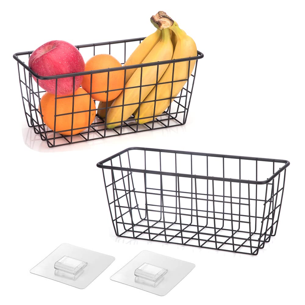 Hanging Kitchen Baskets Adhesive Sturdy Wire Storage Baskets With Kitchen Food Pantry Bathroom Shelf Storage No Drilling Wall Mo