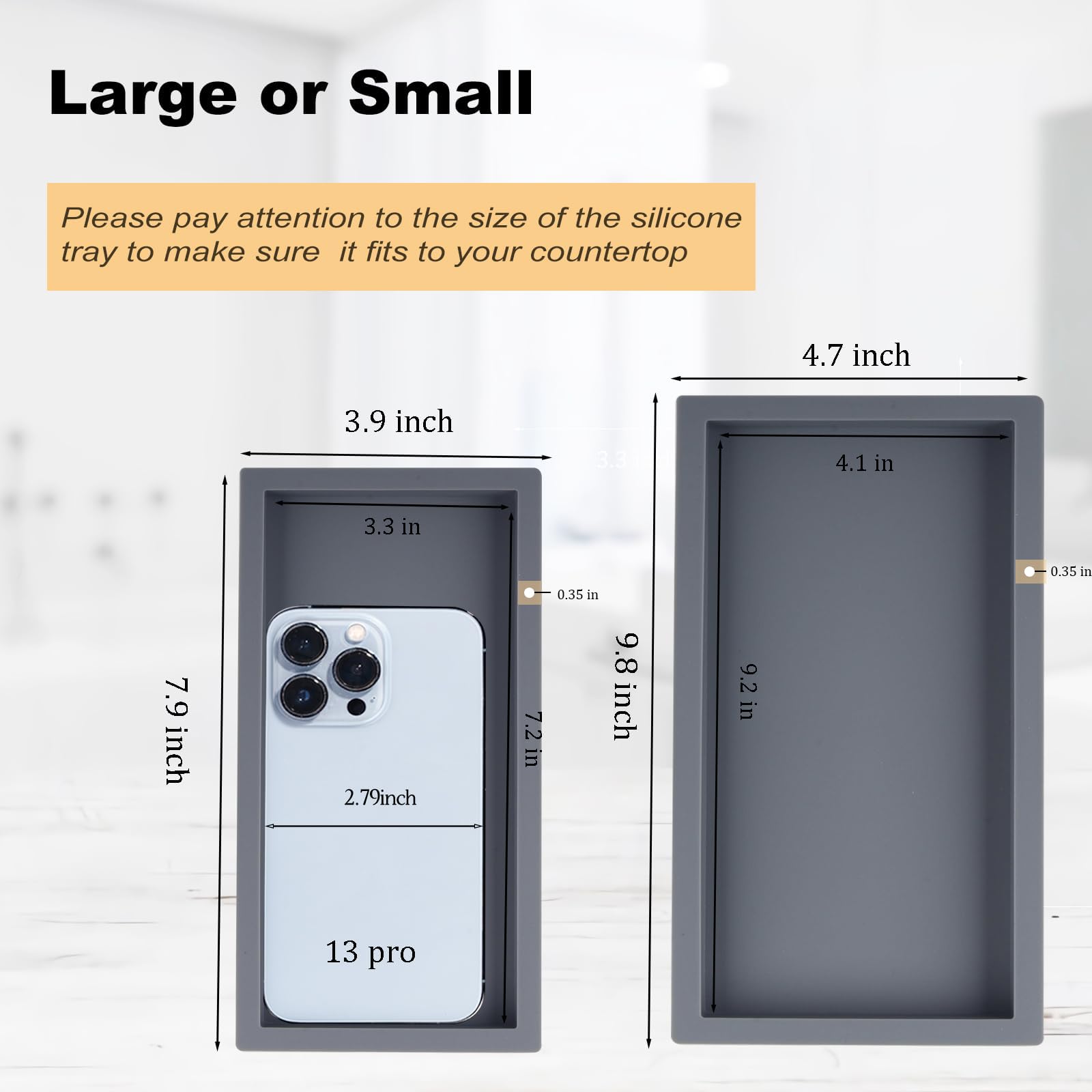Small Silicone Bathroom Vanity Tray Rectangle Soap and Sponge Holder Kitchen Sink Organizer for Scrubber  Lotion Bottles  Perfume  Jewelry  Candle  Key Trinket Ring  Grey