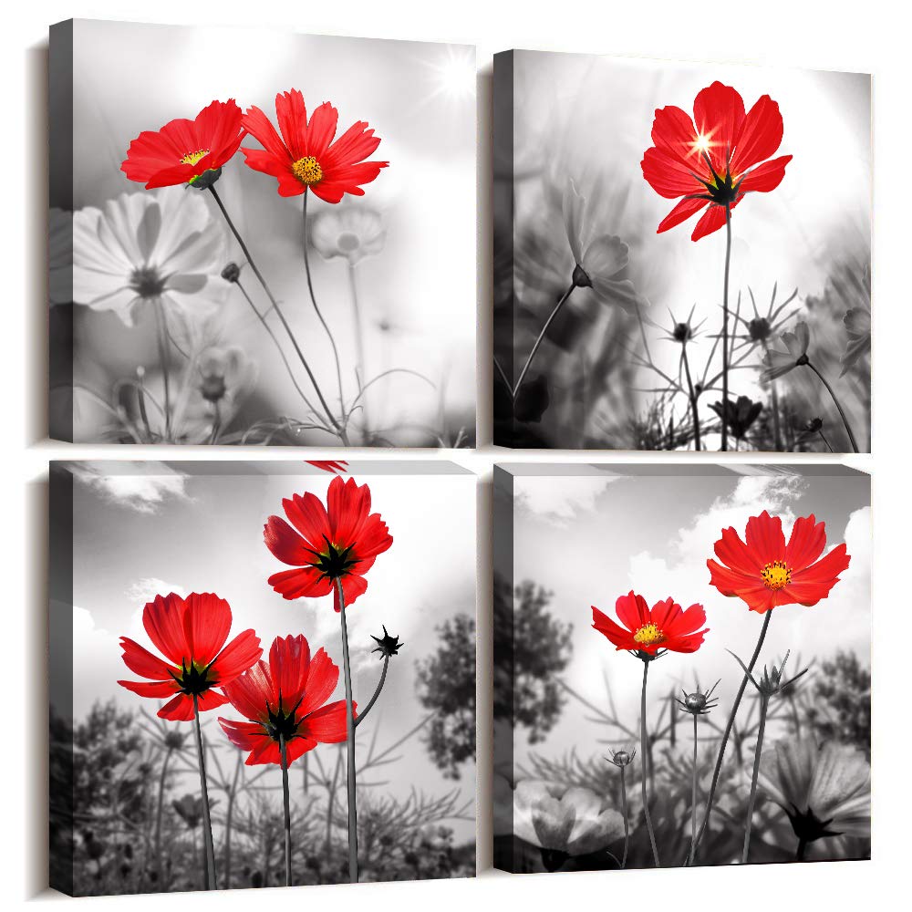 Hyidecorart 4Pcs Modern Salon Theme Black And White Plant The Red Flower Flower Abstract Painting Still Life Canvas Wall Art For
