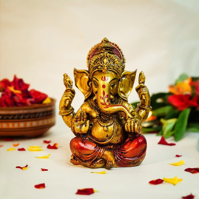 Ekhasa Aura Series Antique Gold Painted Ganesha Idol (5 Inch) | Marble Dust Ganesh Murti For Pooja Room, Home Decor, Office Desk