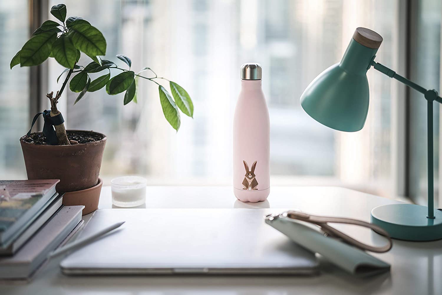 Smllo | Water Bottle With Cute Bunny Design | Stainless Steel | Double Wall Insulated | Pink | 17Oz
