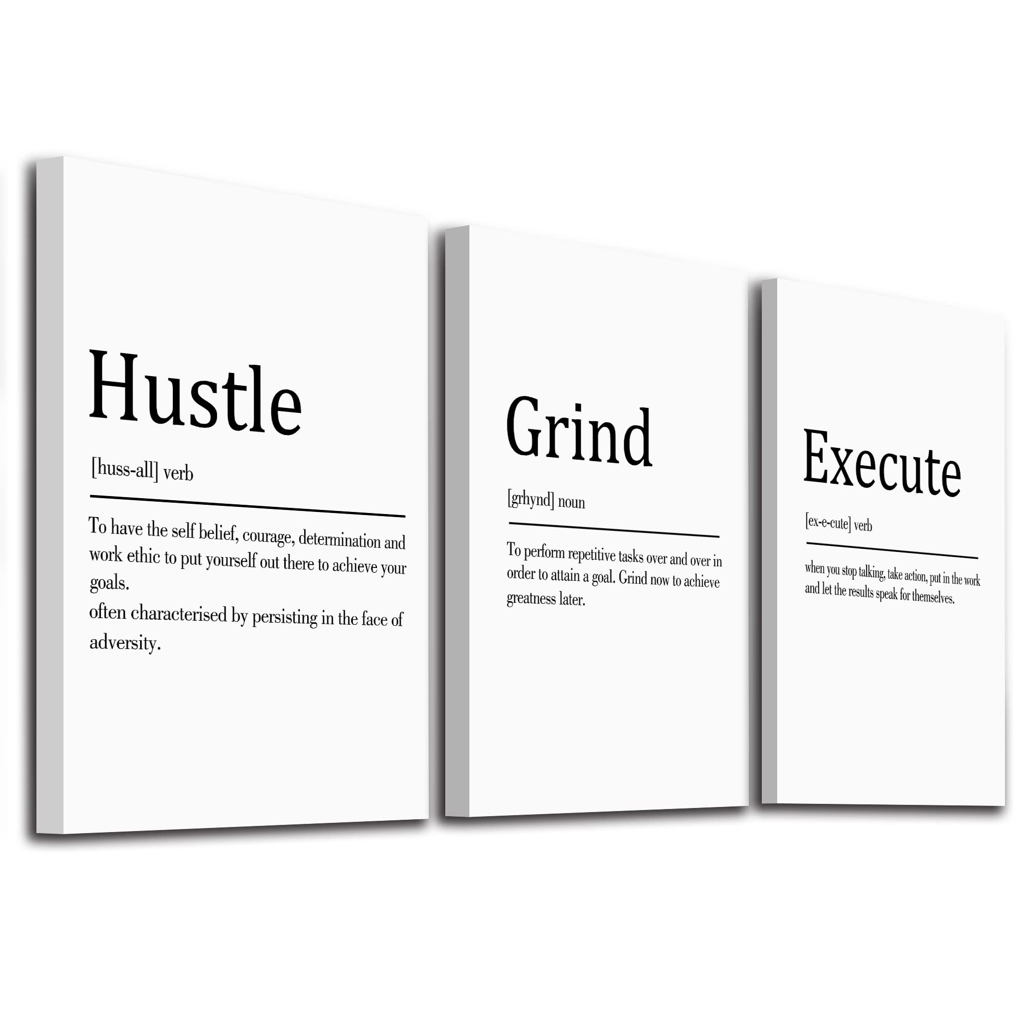 Hustle Grind Execute, Inspirational Wall Decor Art - Framed Canvas Office Decor, Quote Poster, Office Wall Art, White Large Post