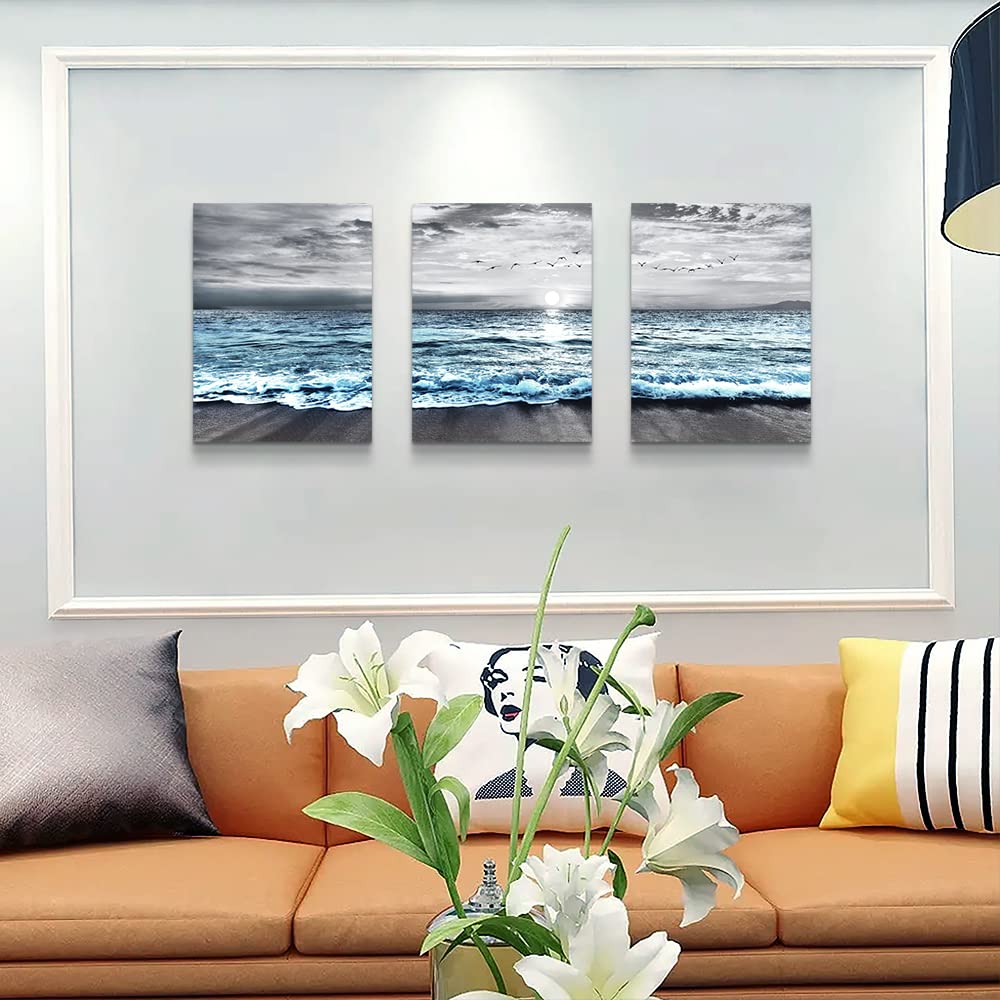 Dzrwubhs Wall Decorations For Living Room 3 Piece Framed Canvas Wall Art For Bedroom Office Wall Decor Black And White Beach Wal