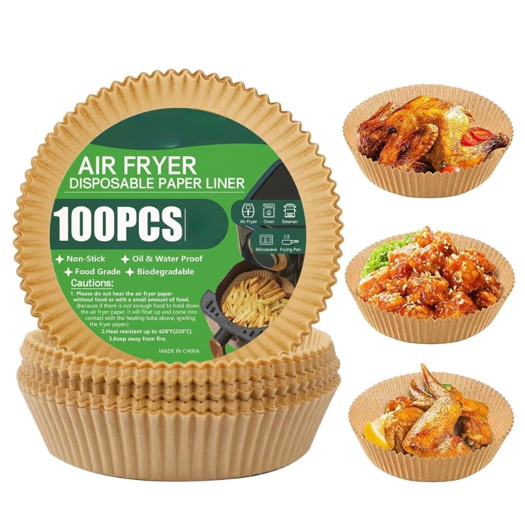 Jay Empire 100-Pack Air Fryer Liners, 8 Inch Round Non-Stick Parchment Paper | Food Grade, Oil-Proof & No-Mess Baking Sheets For