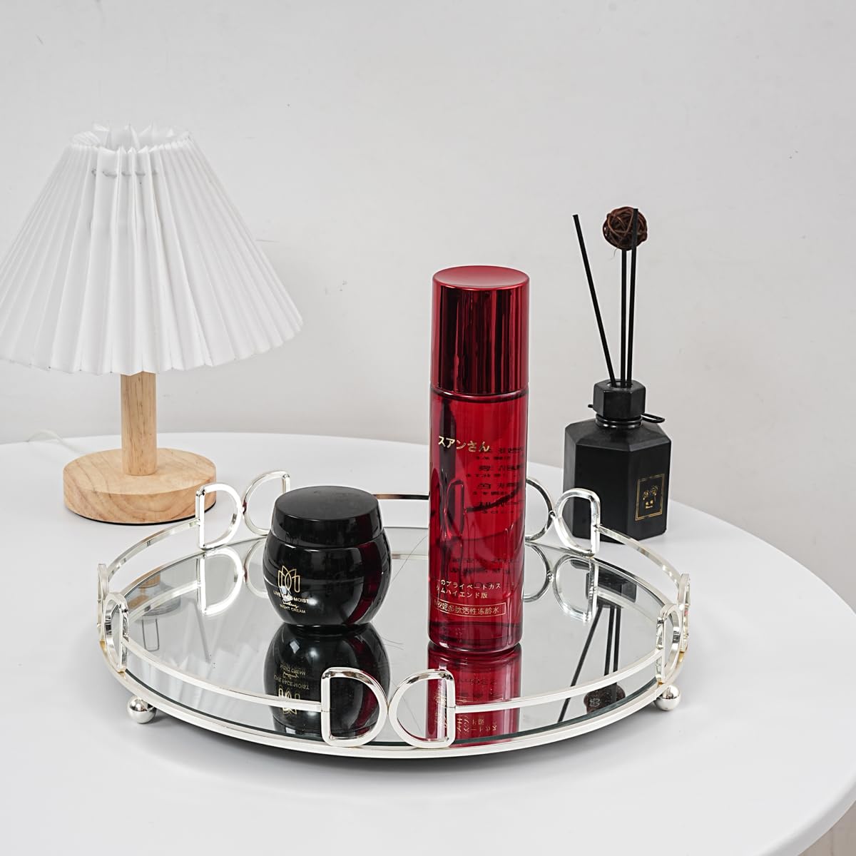 Mirror Vanity Tray Round Metal Makeup Tray Cosmetic Perfume Tray For Dresser Bathroom Bedroom Countertop Organizer Tray (Silver